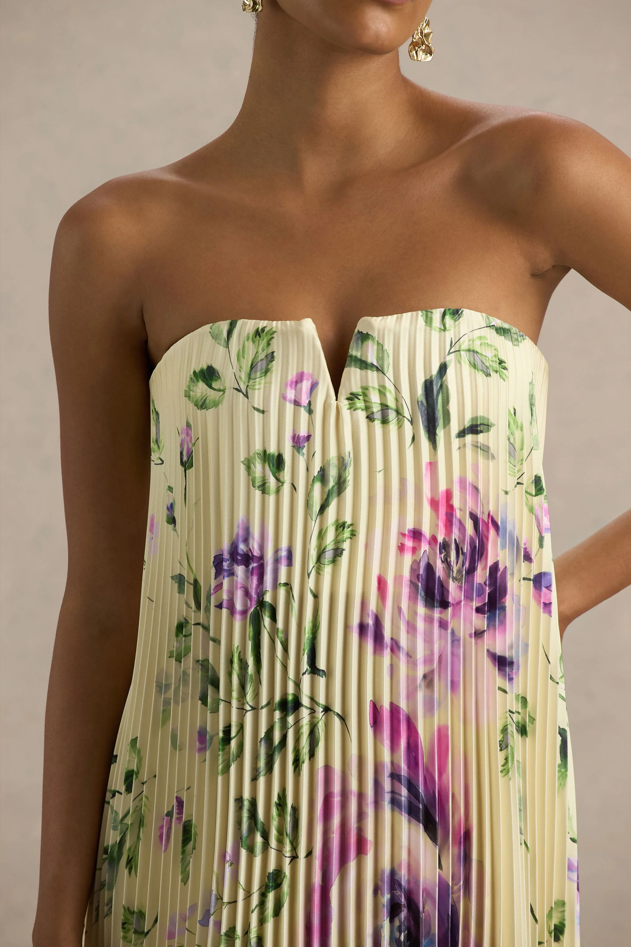 Bergamot | Lemon Rose Print Satin Sweetheart Maxi Dress - Image 3