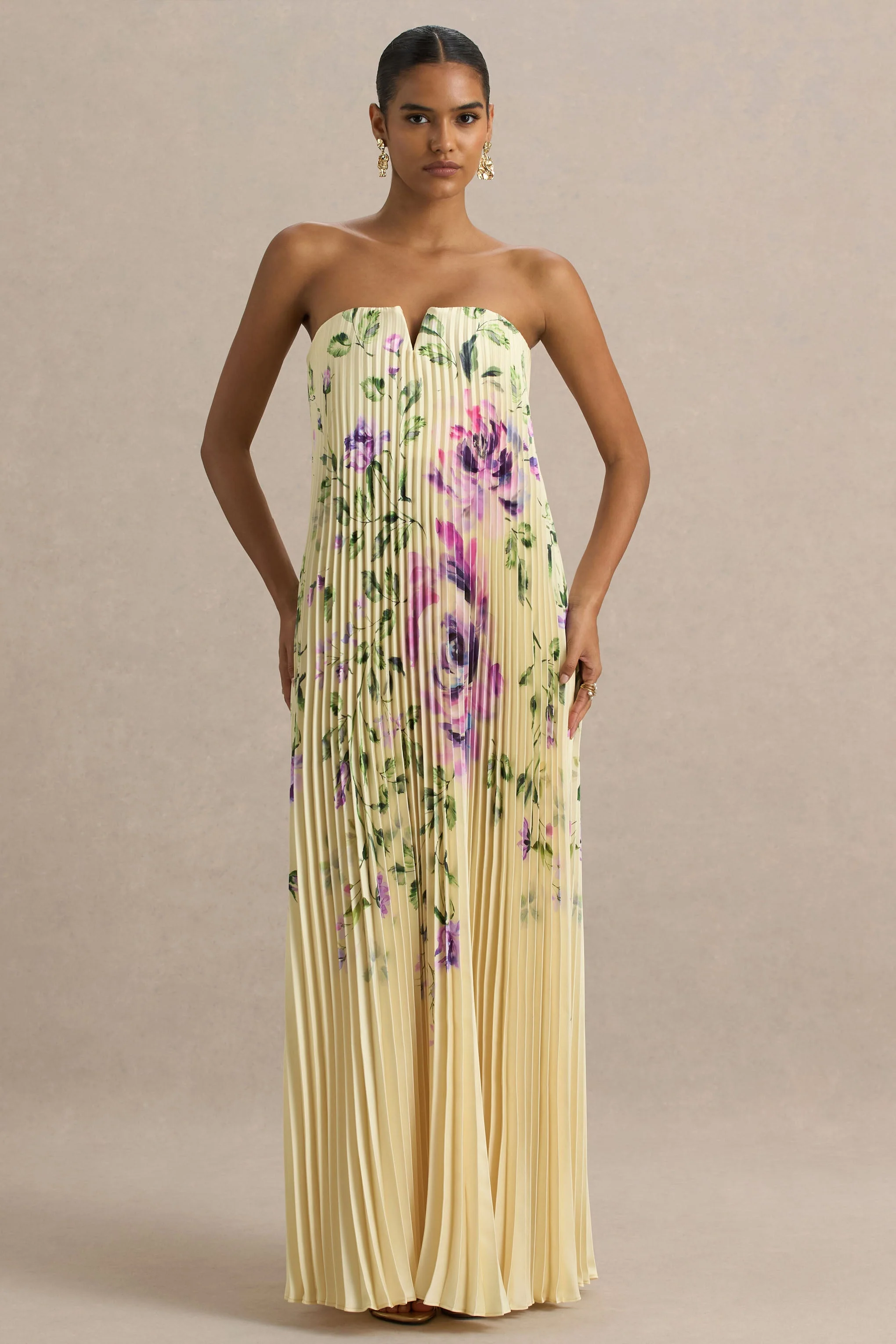 Bergamot | Lemon Rose Print Satin Sweetheart Maxi Dress - Image 5