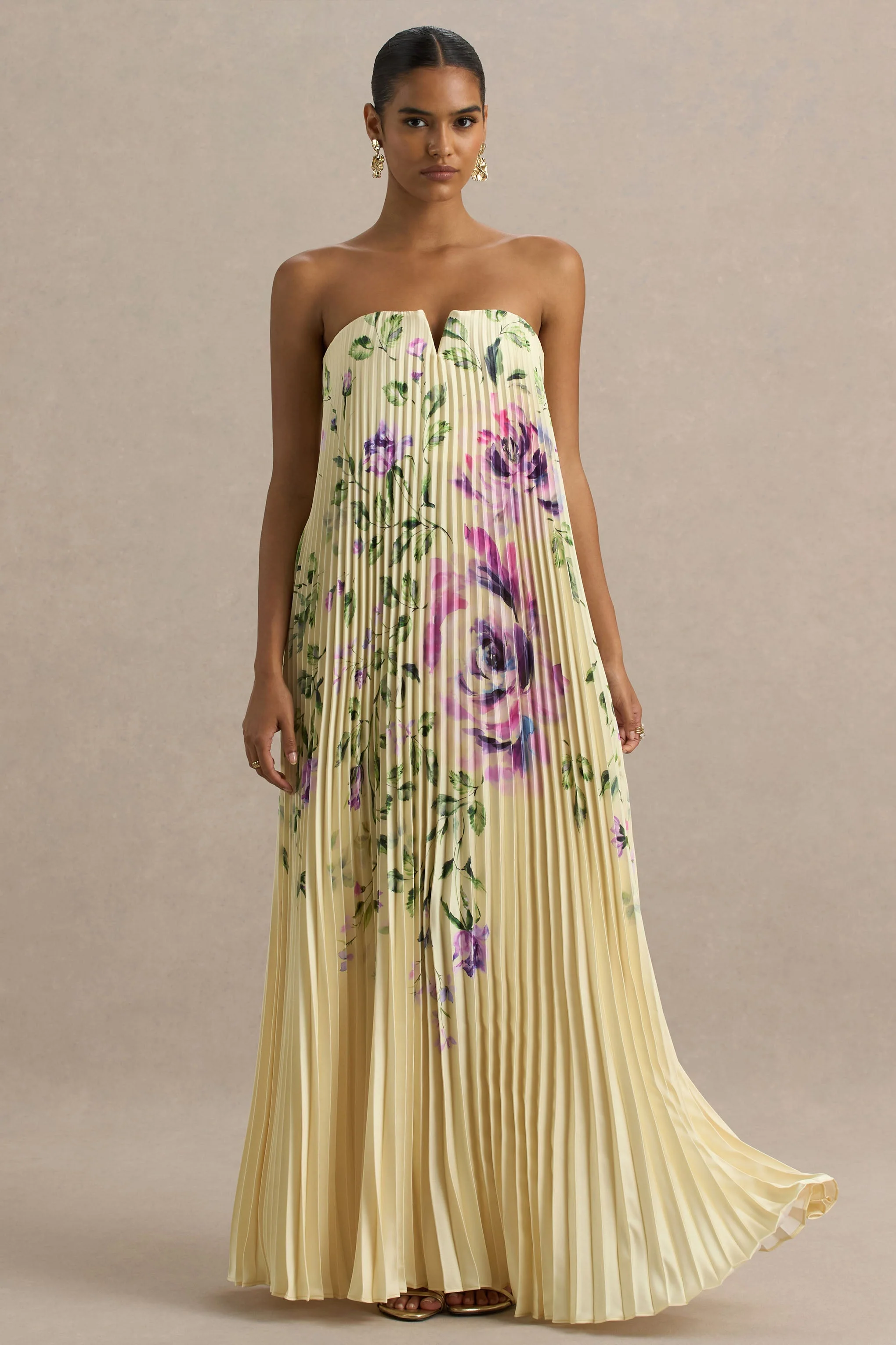 Bergamot | Lemon Rose Print Satin Sweetheart Maxi Dress - Image 6