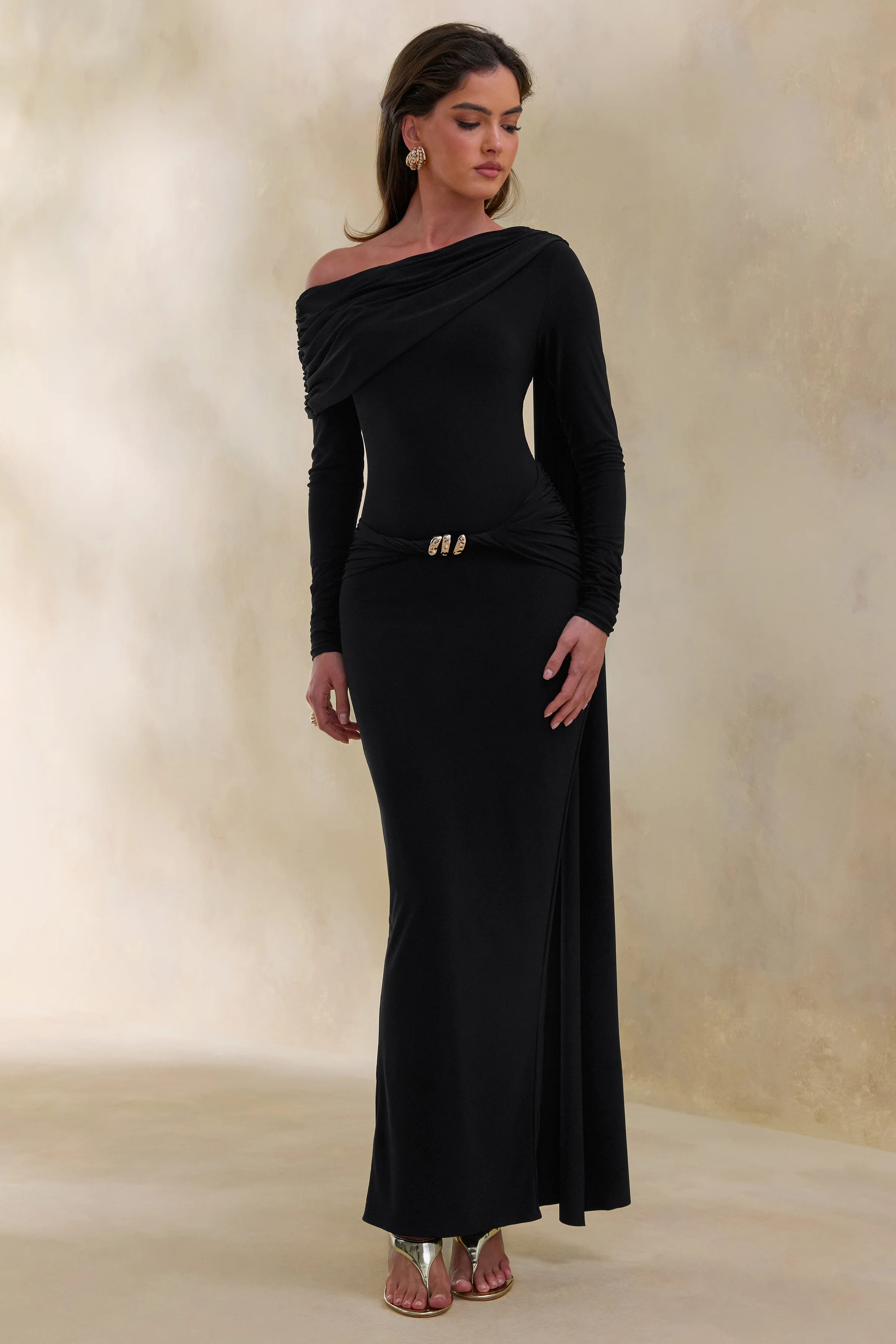 Bessy | Black Asymmetric-Neck Maxi Dress With Gathered-Detailing And Sash - Image 5