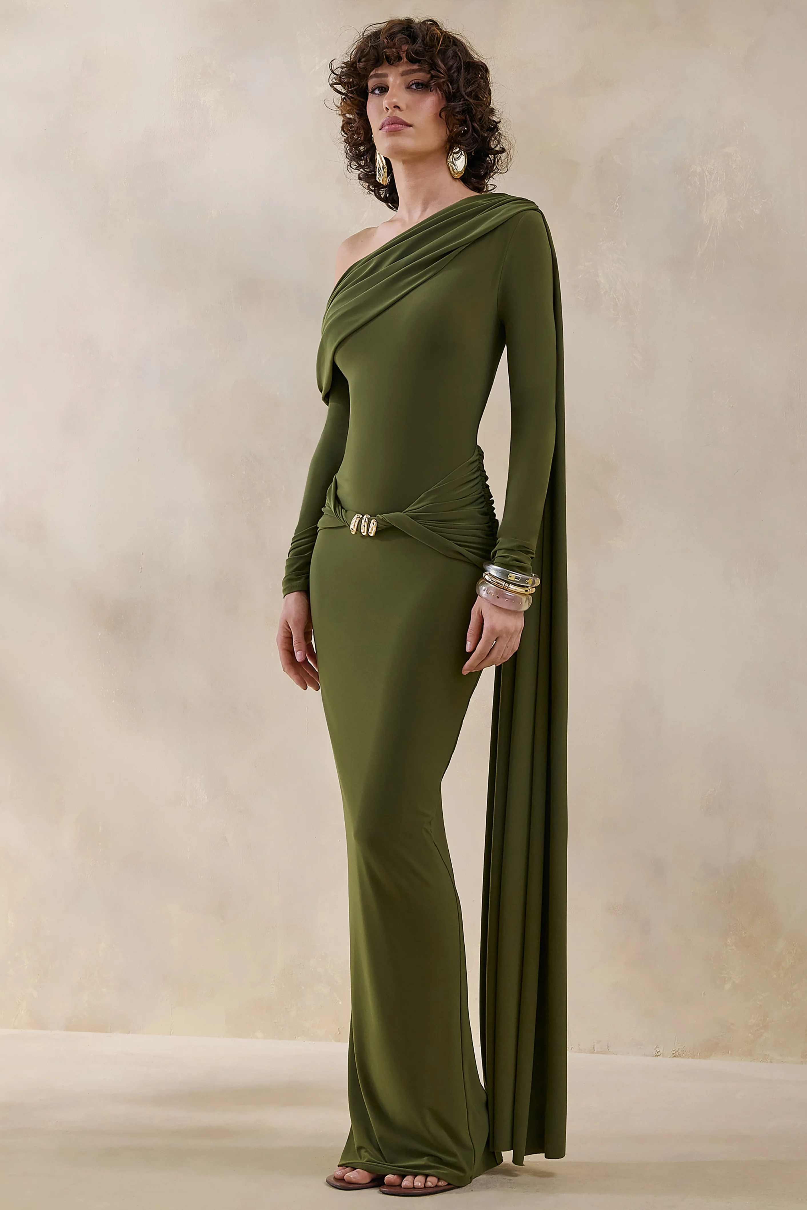 Bessy | Green Asymmetric-Neck Maxi Dress With Gathered-Detailing And Sash - Image 5