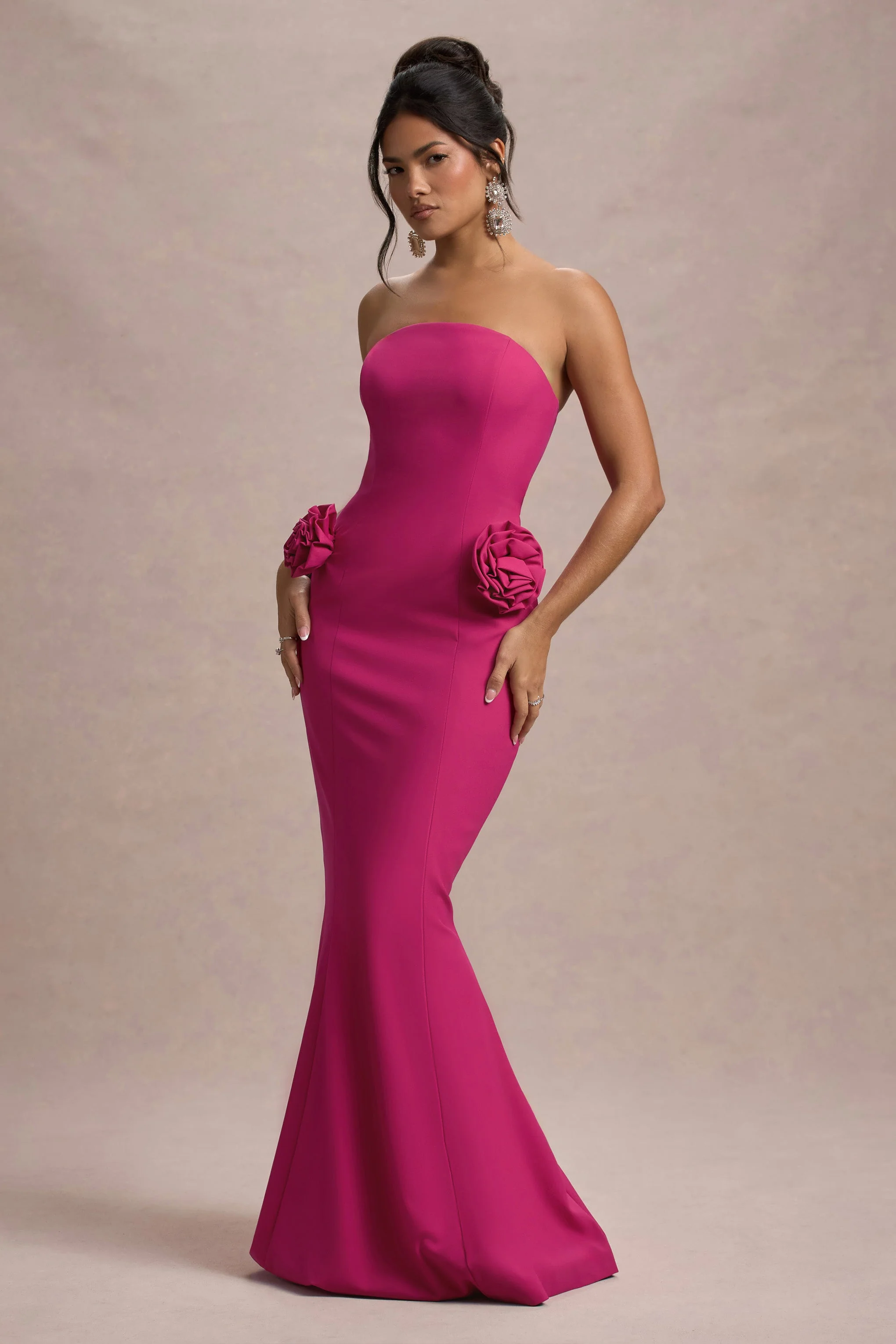 Best Of The Best | Dark Pink Strapless Fishtail Maxi Dress With Corsages - Image 6