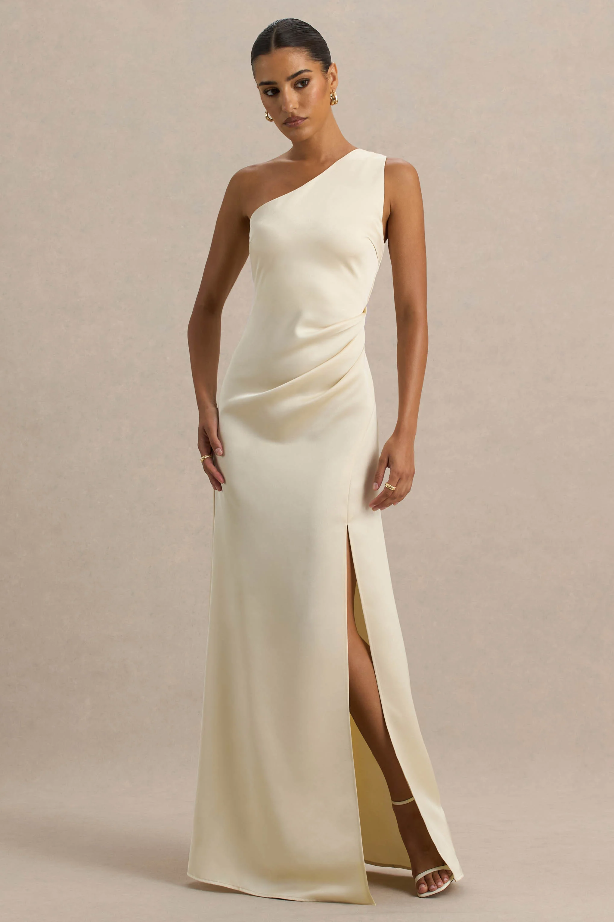 Beth | Pale Lemon Asymmetric Neckline High-Split Maxi Dress - Image 3