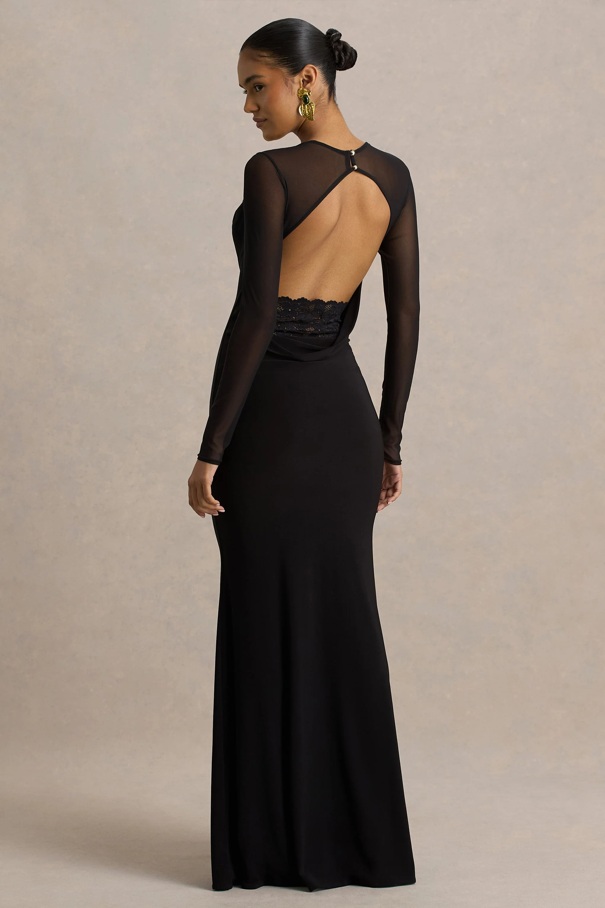 Bethan | Black Cowl-Neck Maxi Dress With Mesh Sleeves And Open-Back - Image 2