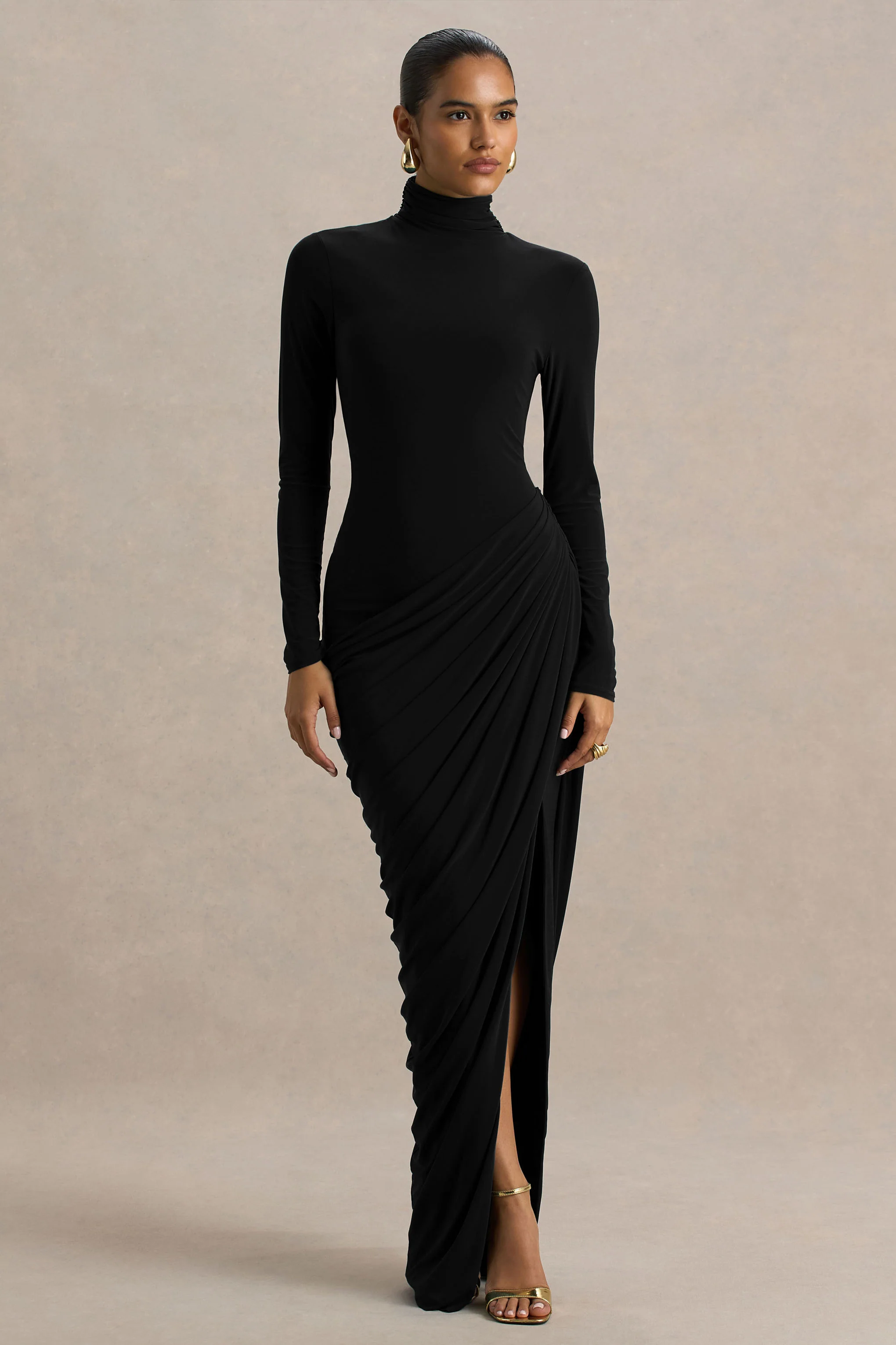 Betsy | Black High-Neck Maxi Dress With Front Split And Ruched Detailing - Image 2