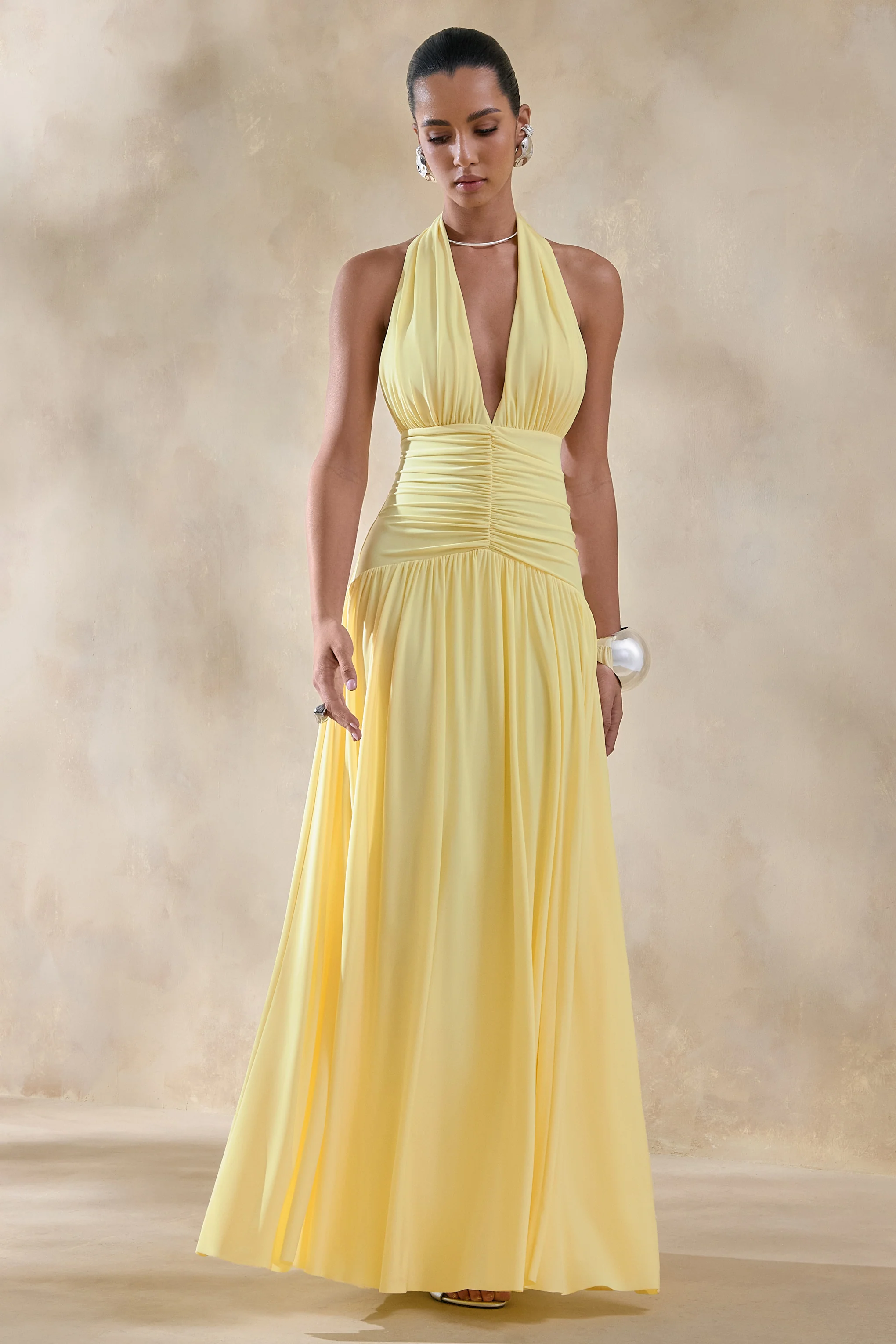 Bettina | Lemon Plunge-Neck Maxi Dress With Gathered-Detailing - Image 5