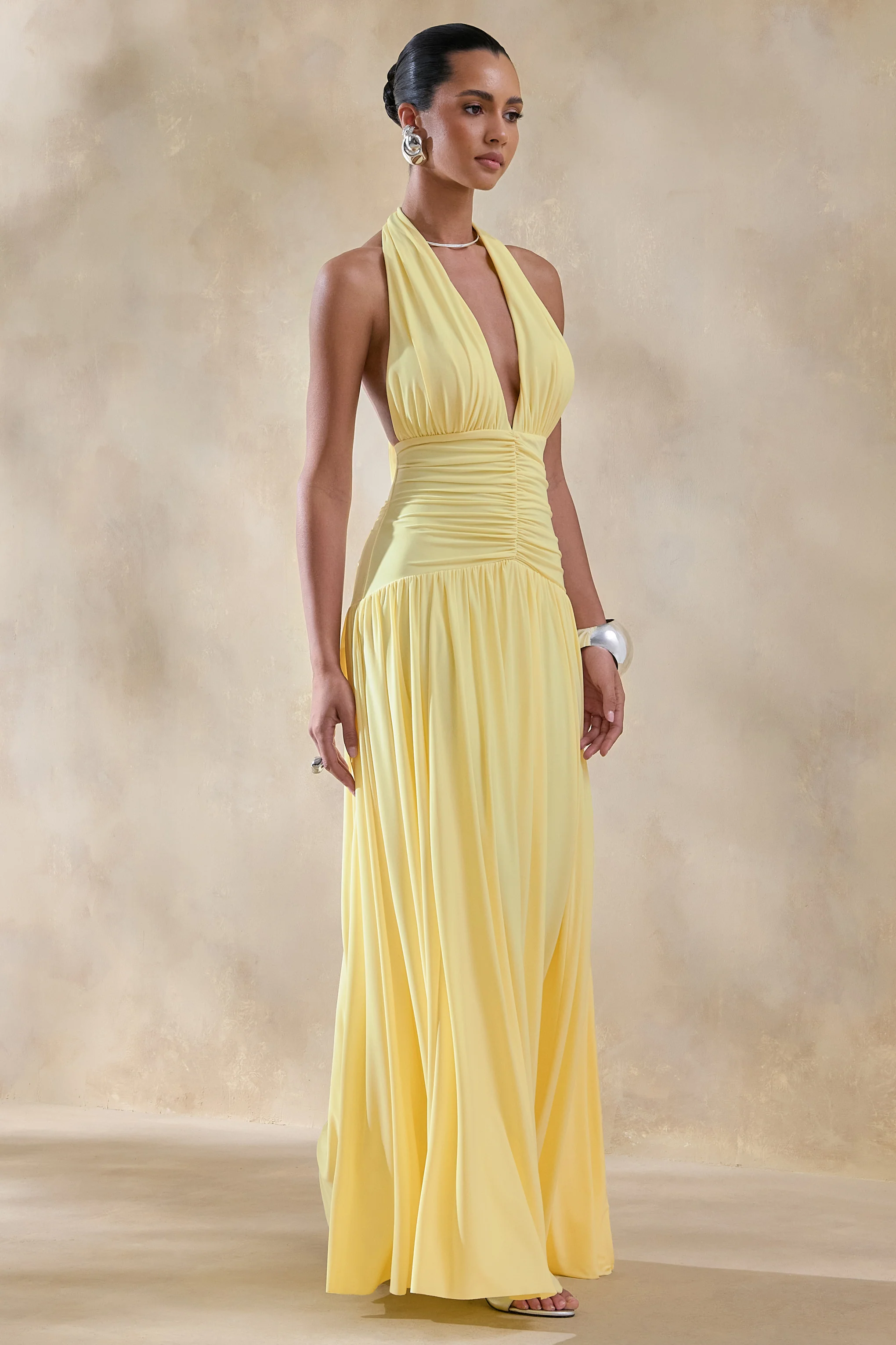 Bettina | Lemon Plunge-Neck Maxi Dress With Gathered-Detailing - Image 7