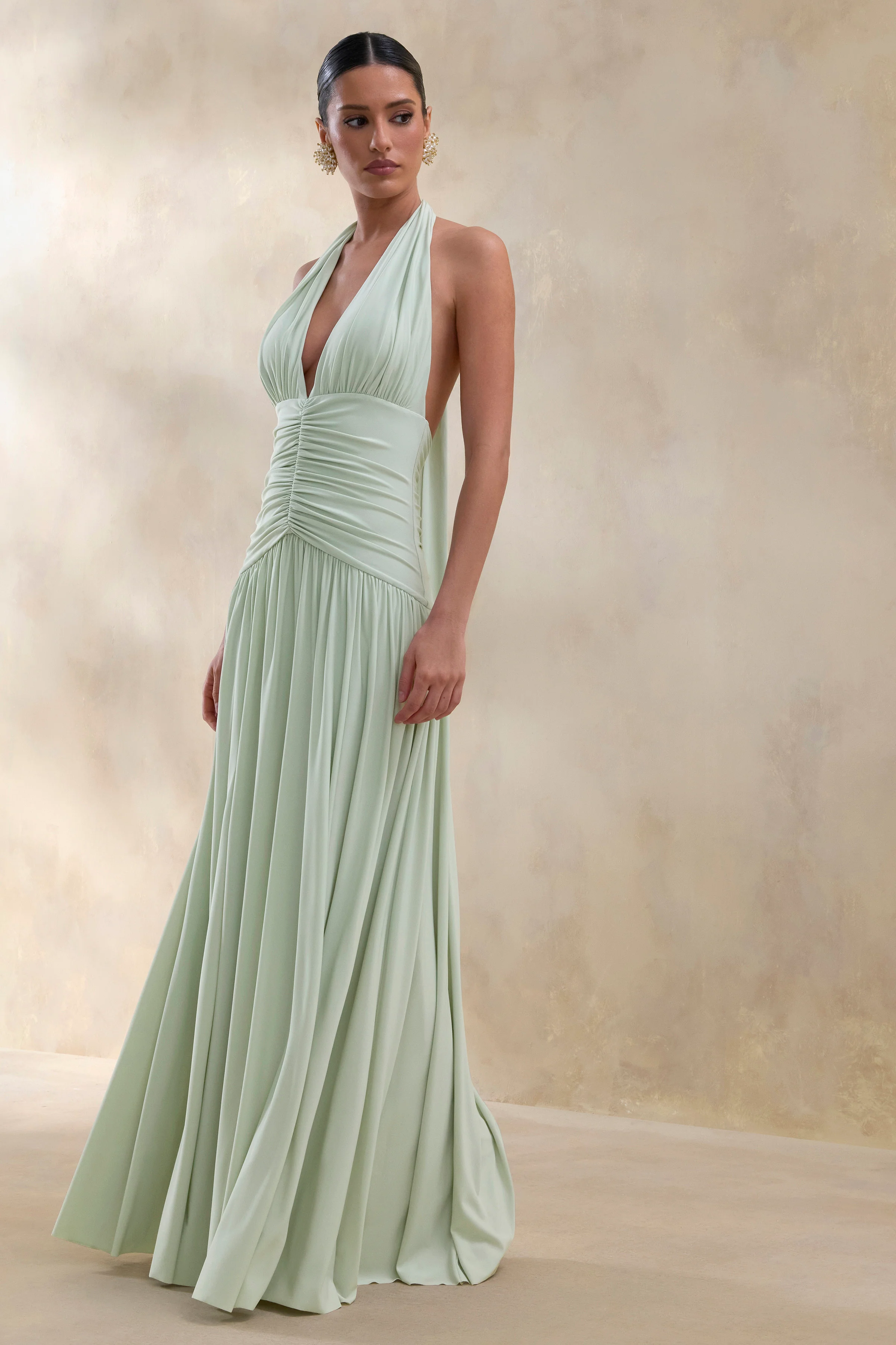 Bettina | Sage Plunge-Neck Maxi Dress With Gathered-Detailing - Image 5