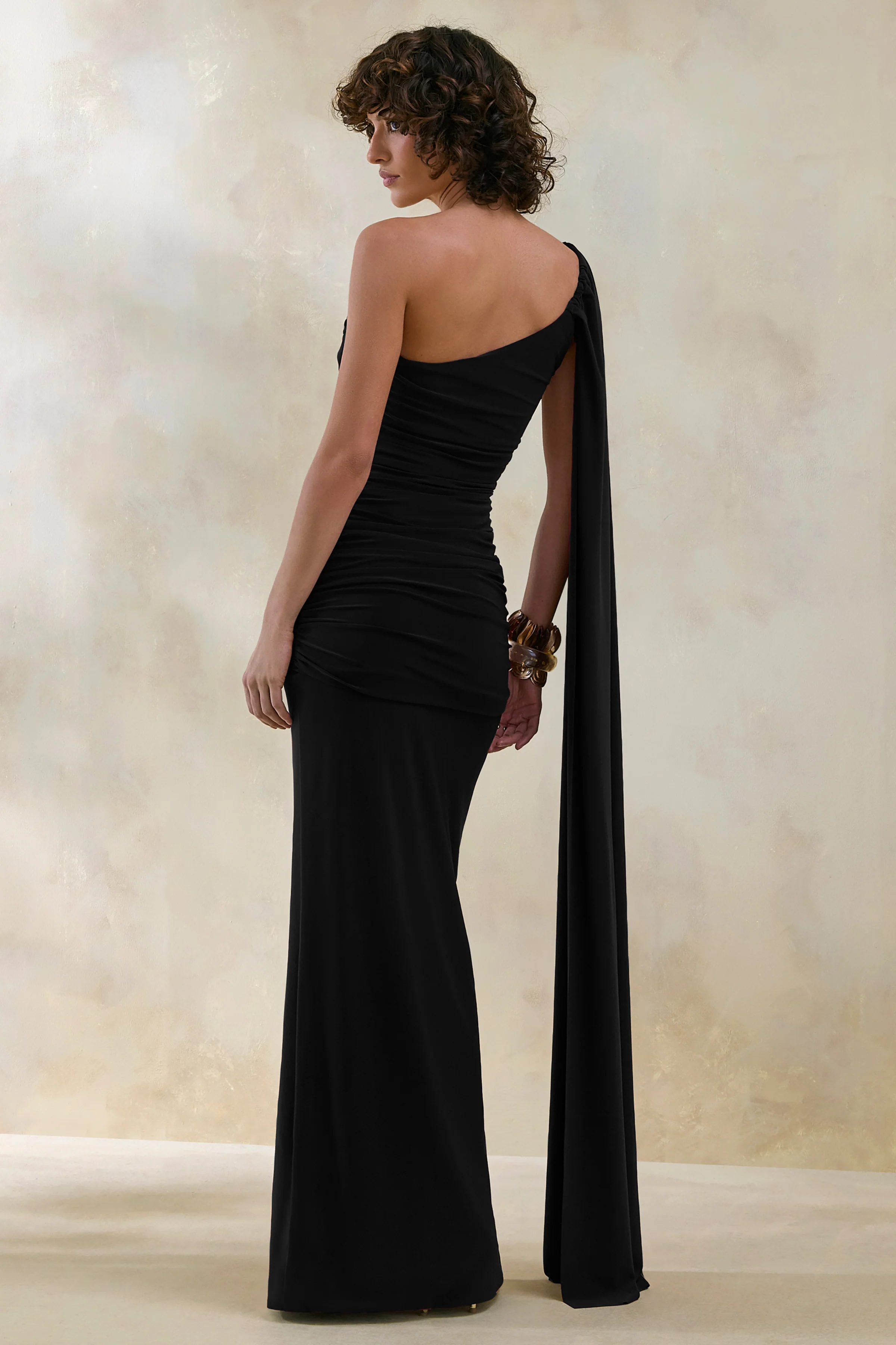 Bettine | Black Asymmetric-Neck Maxi Dress With Cape-Sleeve - Image 2