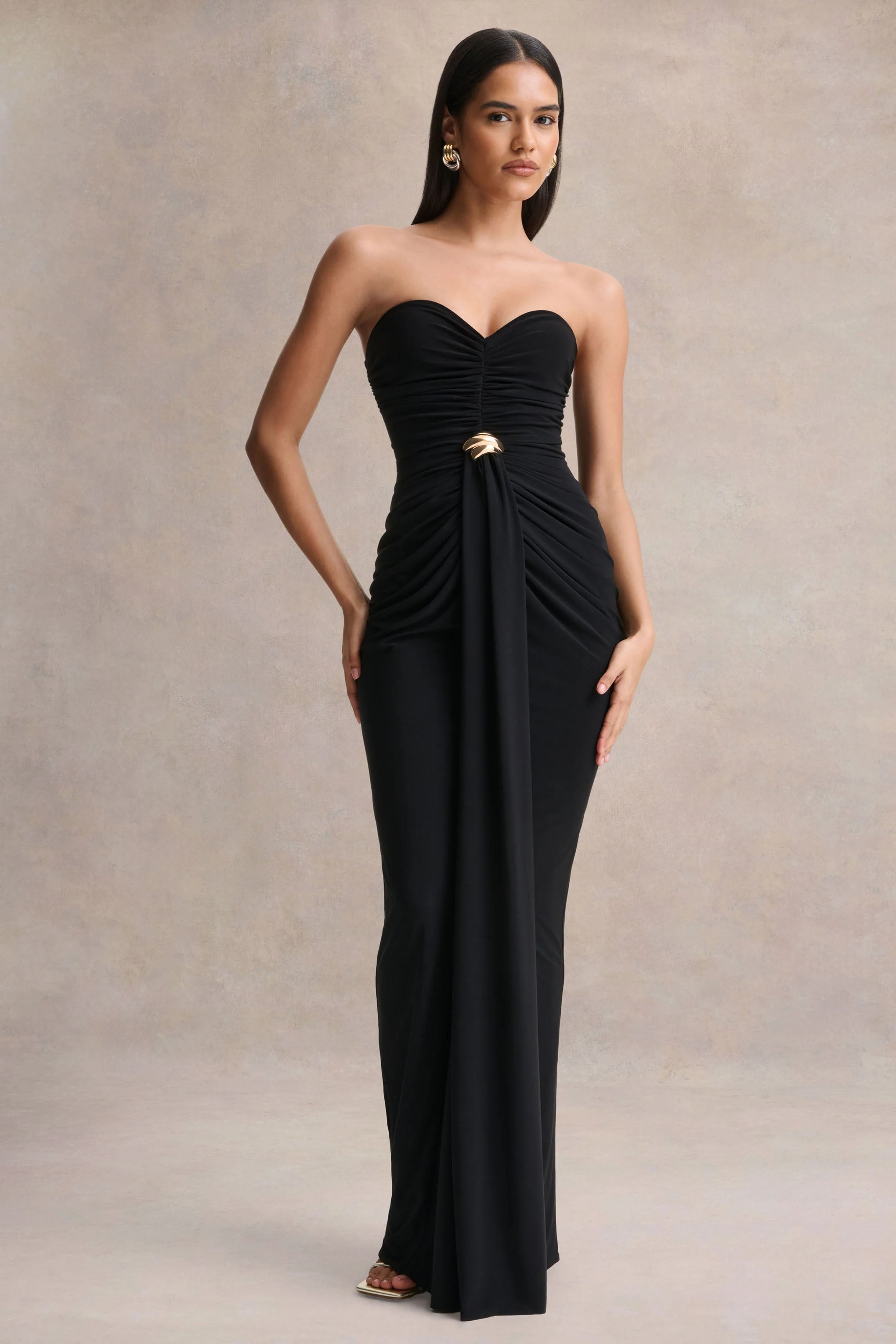 Beverly | Black Bandeau Maxi Dress With Gathered-Detailing - Image 2