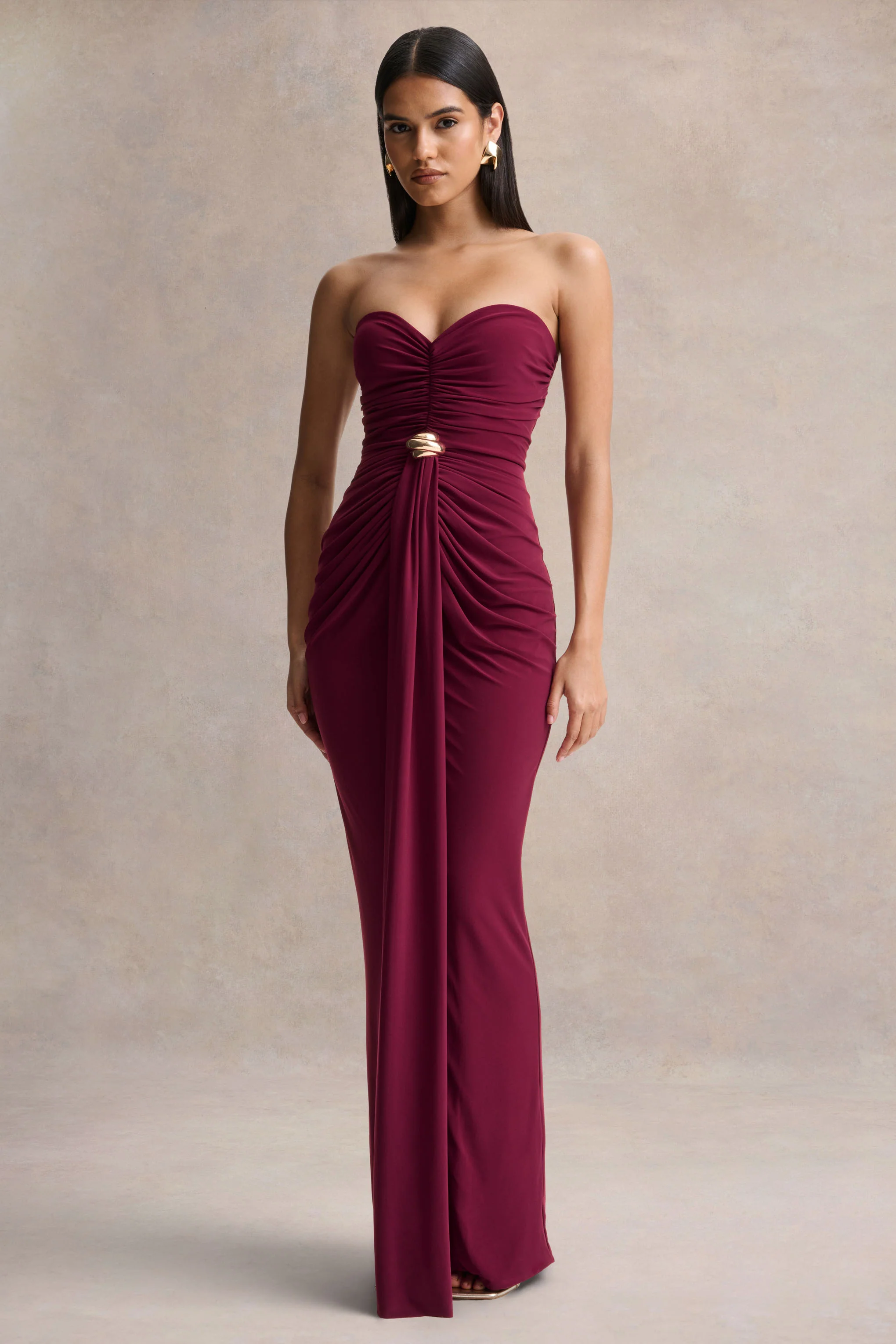 Beverly | Burgundy Bandeau Maxi Dress With Gathered-Detailing - Image 4