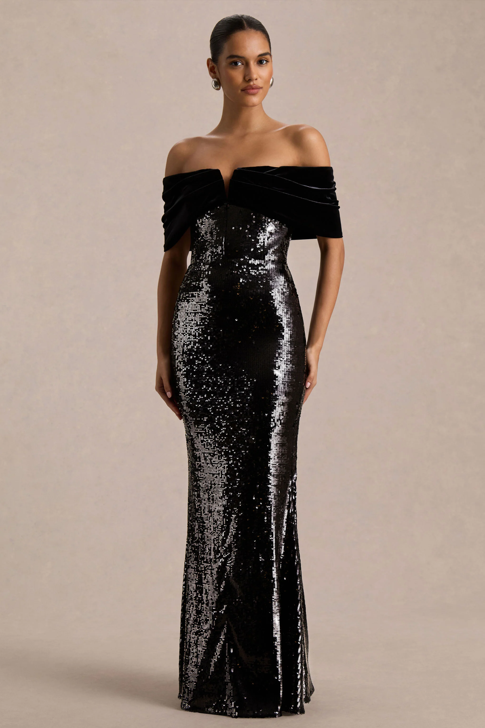 Bex | Black Sequin And Velvet Bardot-Neck Maxi Dress - Image 5