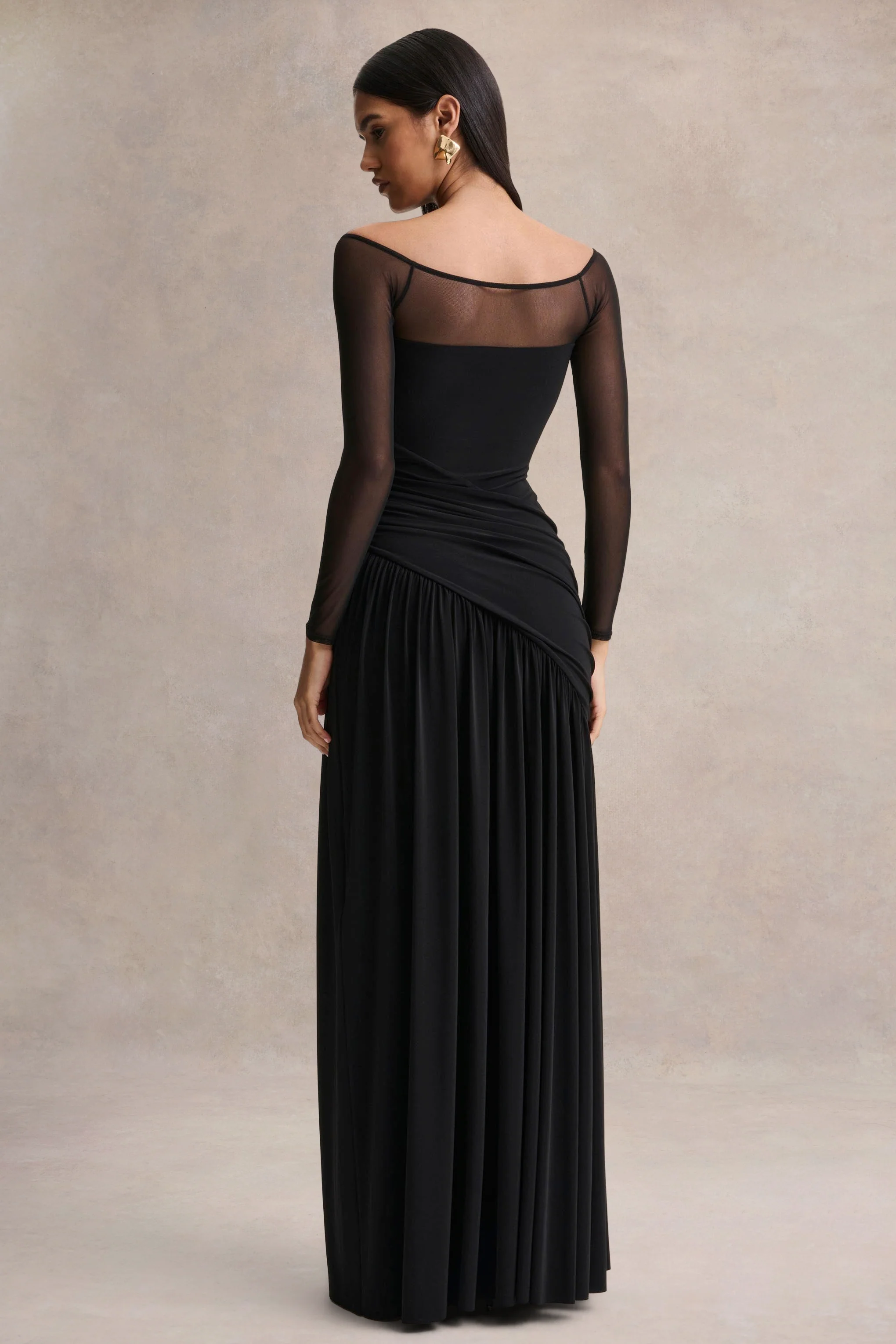 Bexley | Black Bardot-Neck Draped Maxi Dress With Long Mesh-Sleeves - Image 2