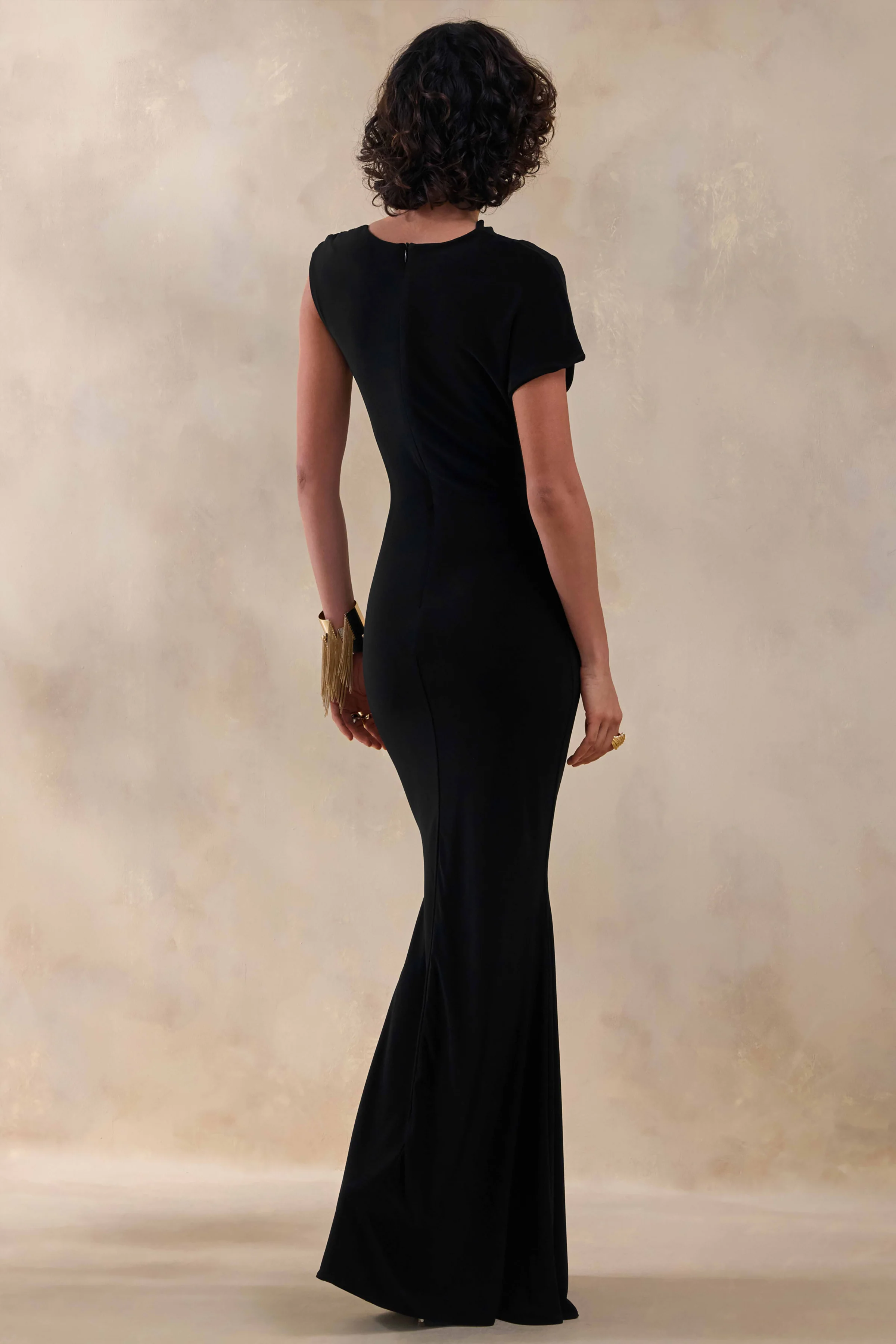 Blaire | Black Asymmetric-Neck Maxi Dress With Gold-Detailing - Image 2