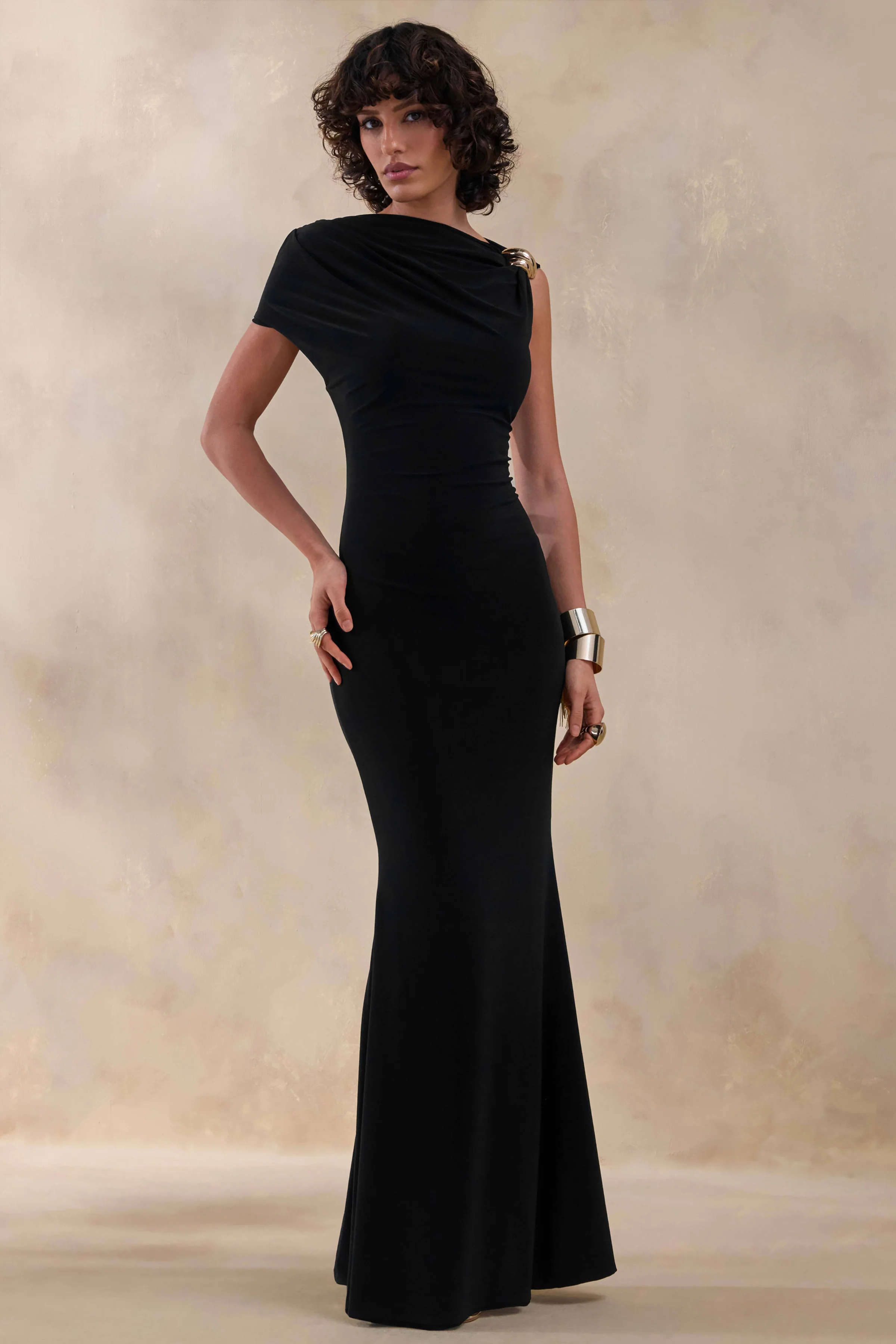 Blaire | Black Asymmetric-Neck Maxi Dress With Gold-Detailing - Image 4