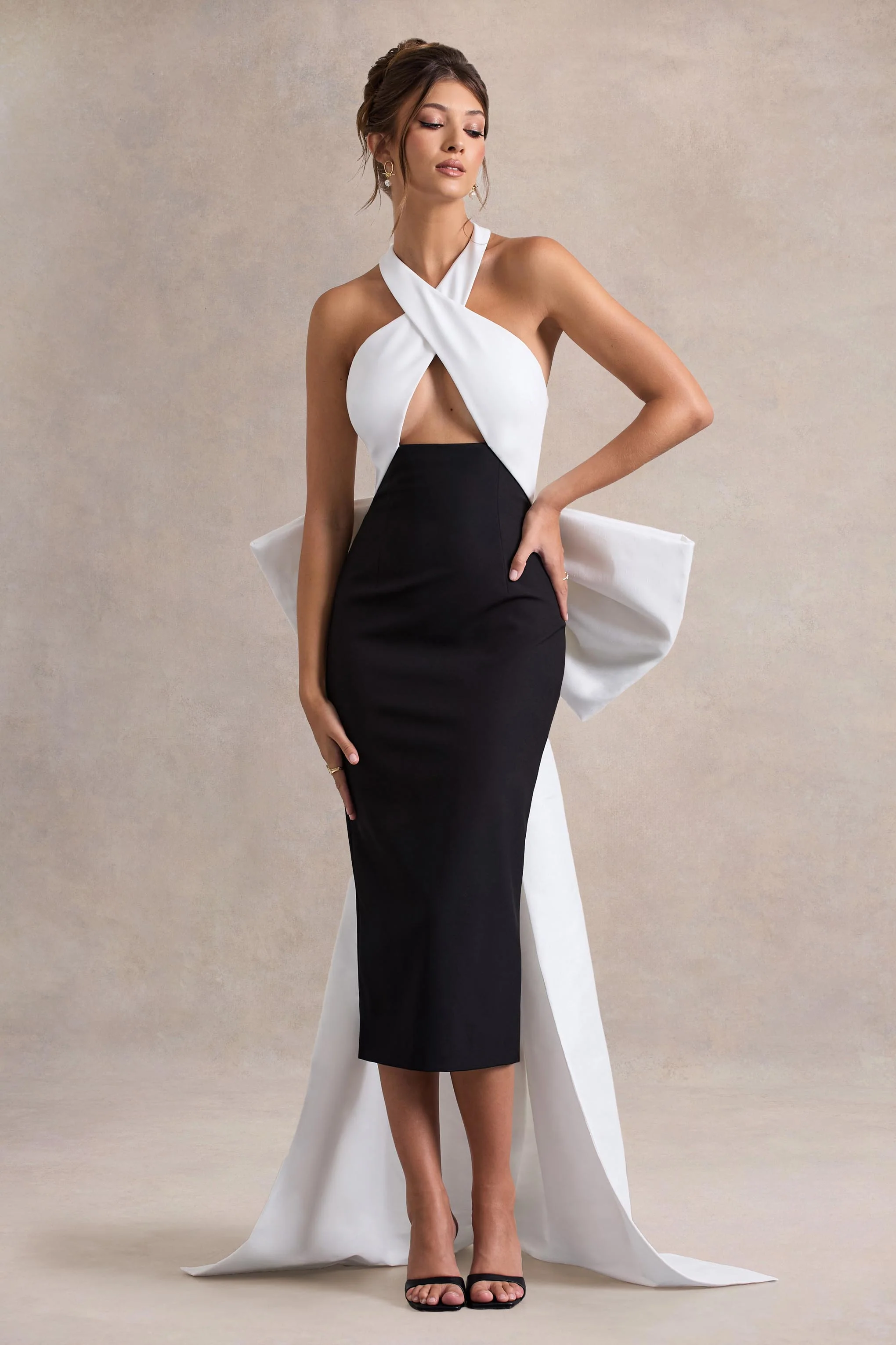 Blanca | Black & White Halter-Neck Cut-Out Midi Dress With Oversized Bow - Image 2