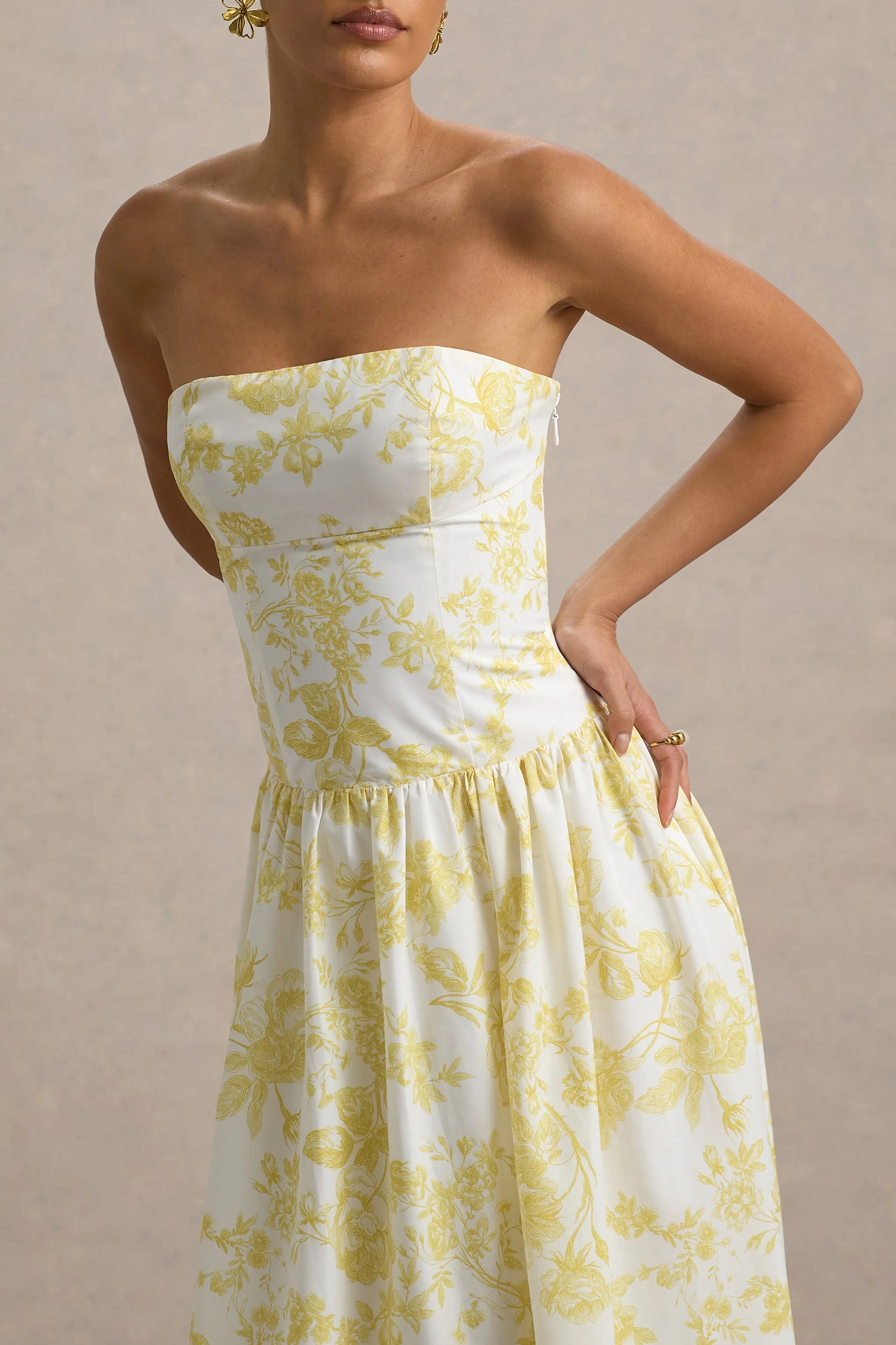 Bluebell | Lemon Porcelain Print Poplin Bandeau Drop-Waist Midi Dress - Image 3