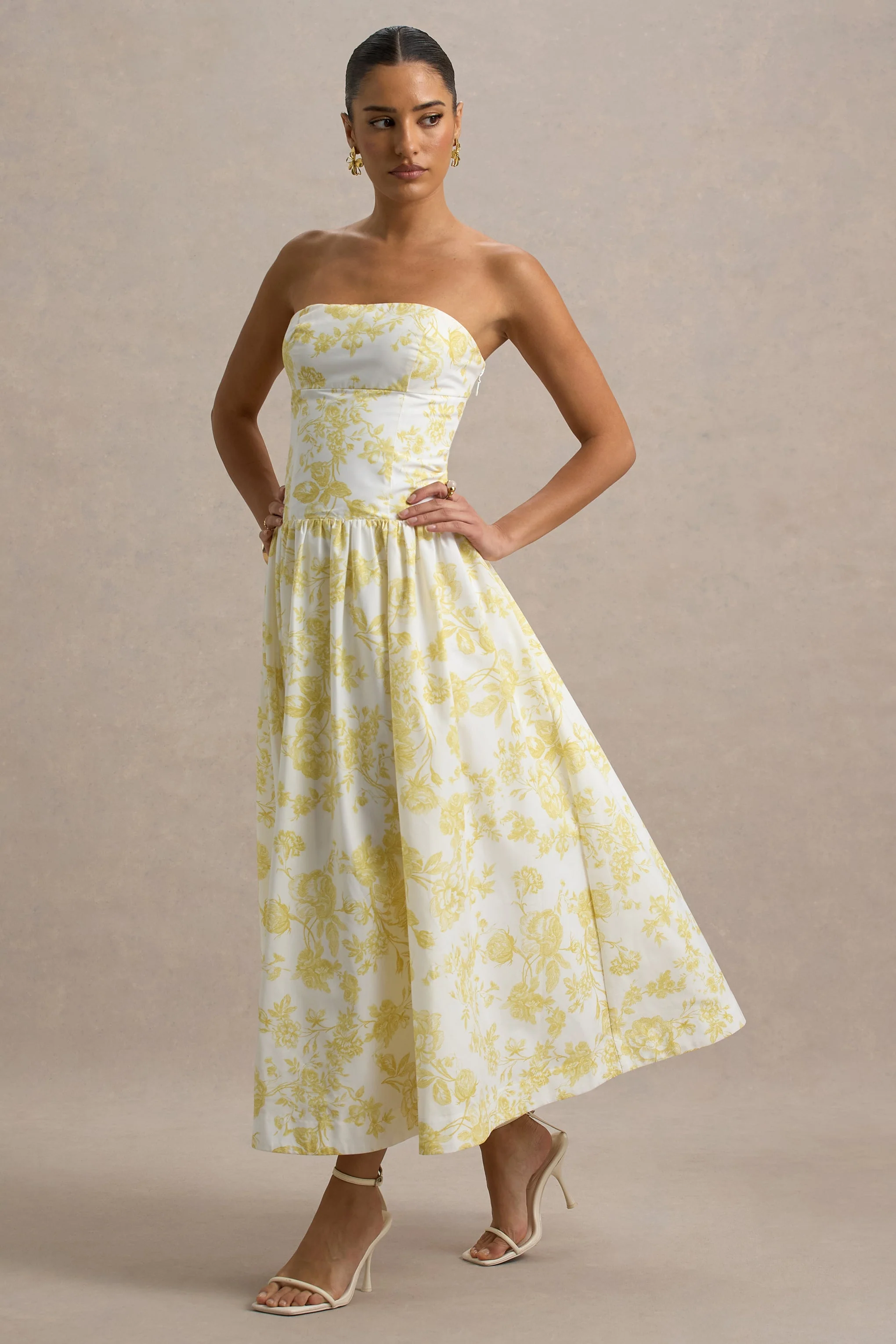 Bluebell | Lemon Porcelain Print Poplin Bandeau Drop-Waist Midi Dress - Image 4