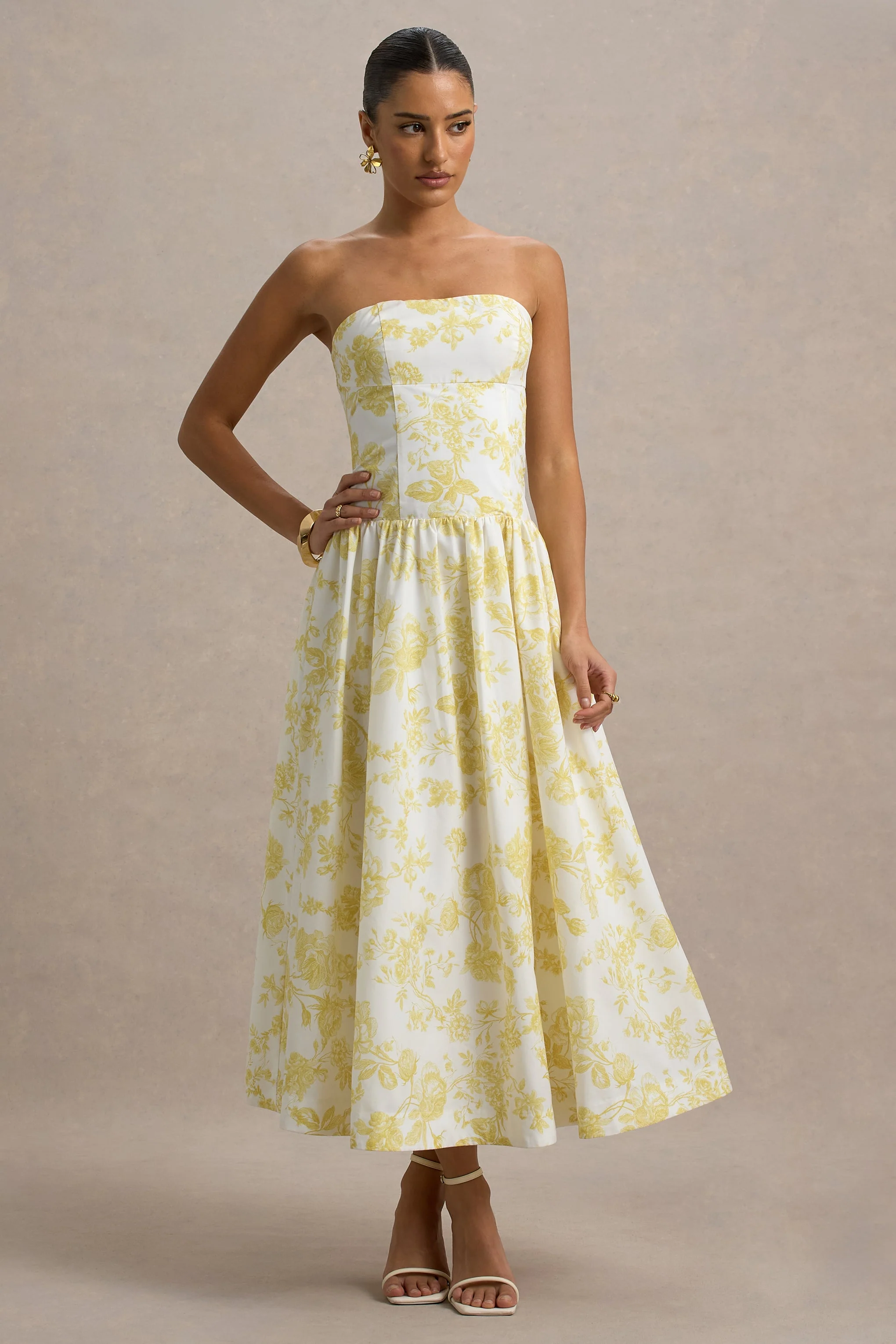 Bluebell | Lemon Porcelain Print Poplin Bandeau Drop-Waist Midi Dress - Image 5