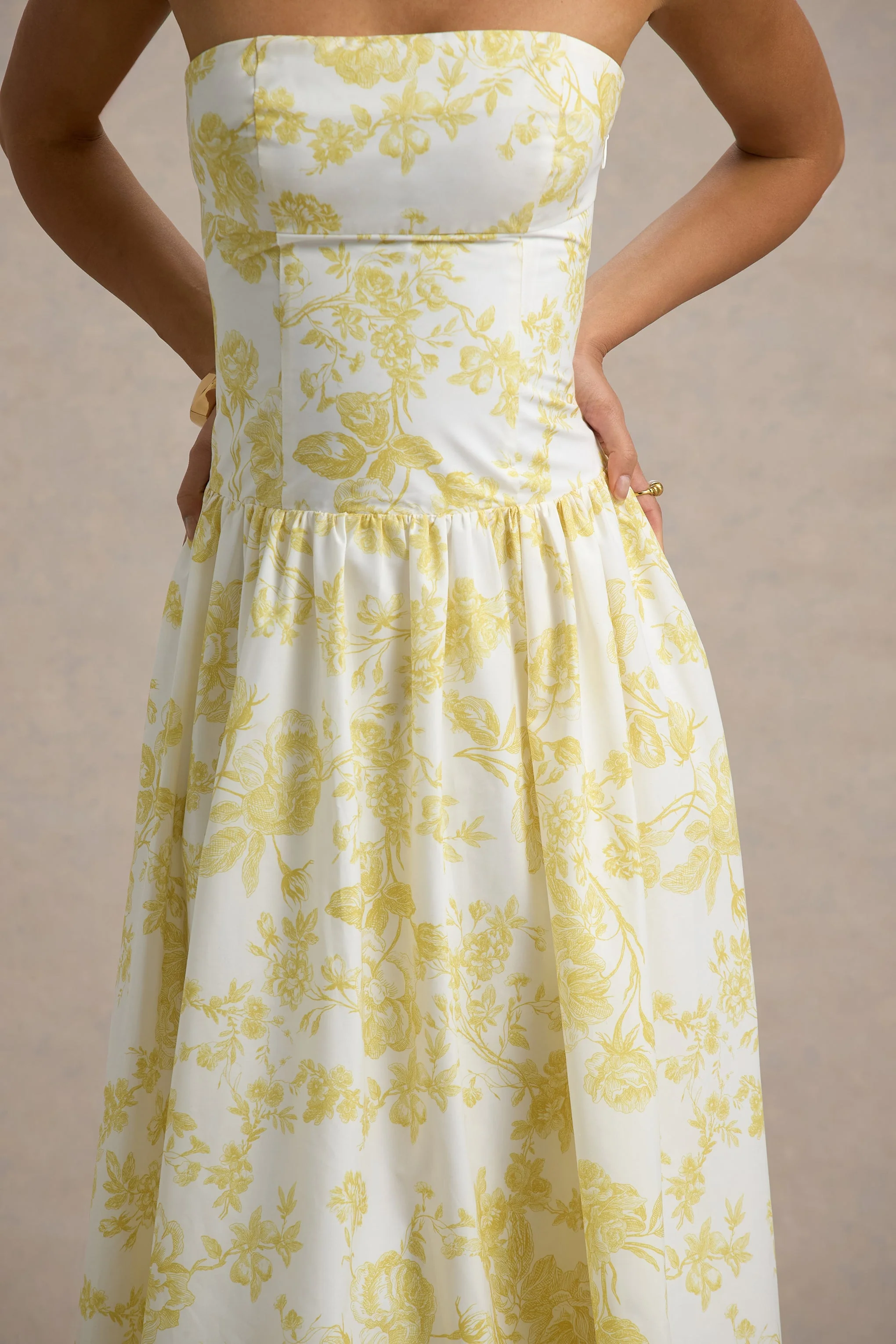 Bluebell | Lemon Porcelain Print Poplin Bandeau Drop-Waist Midi Dress - Image 6
