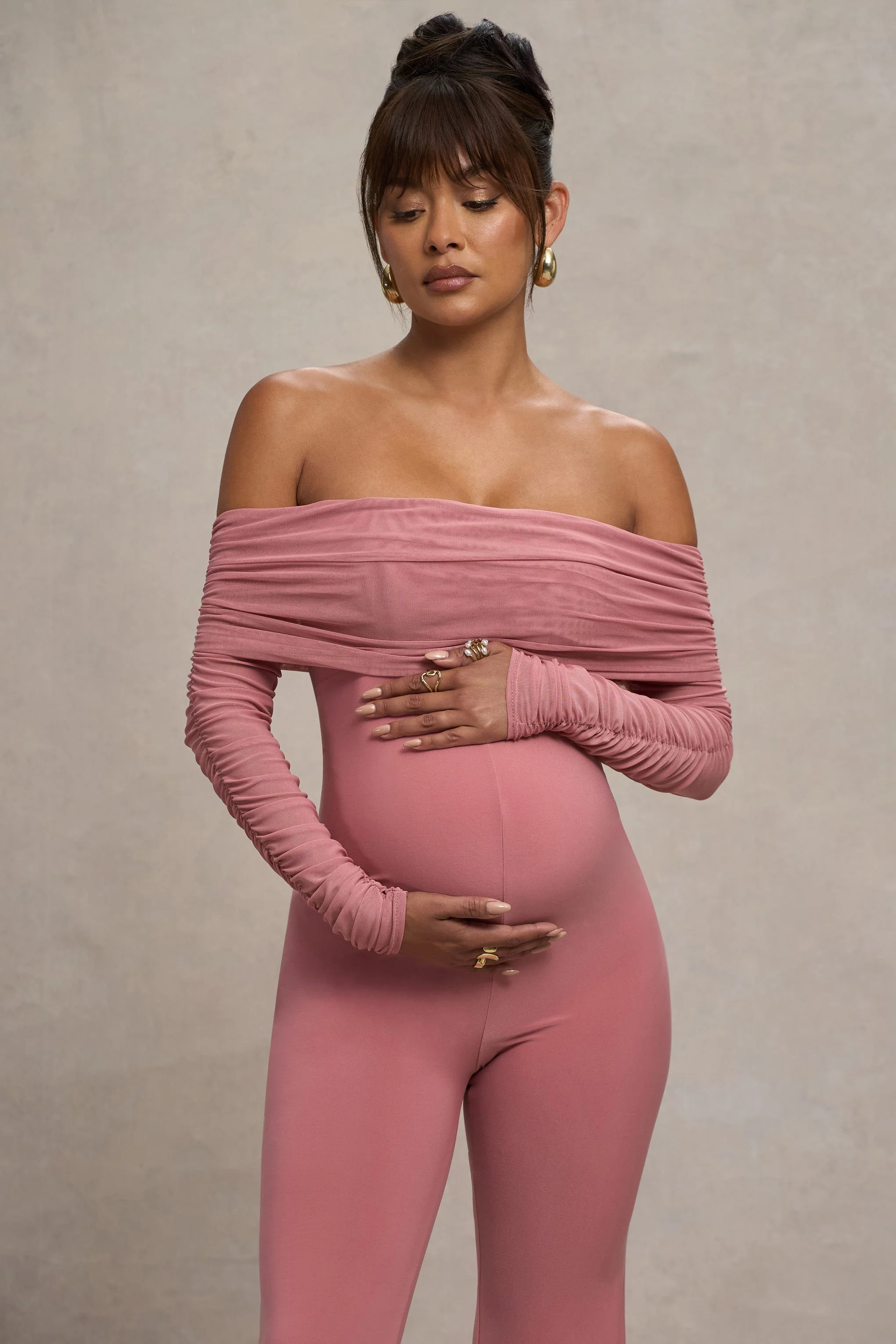 Count Down | Blush Pink Maternity Ruched Mesh Bardot Jumpsuit - Image 3