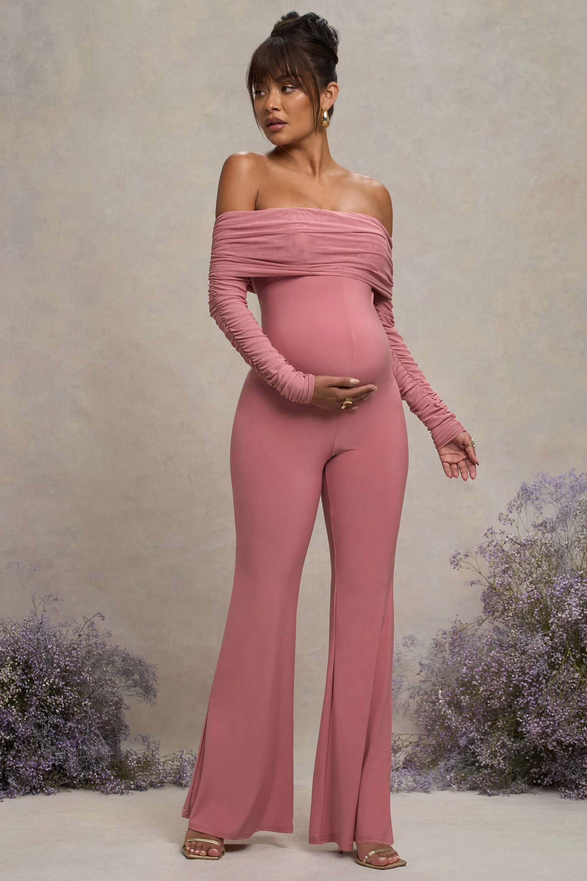 Count Down | Blush Pink Maternity Ruched Mesh Bardot Jumpsuit - Image 4
