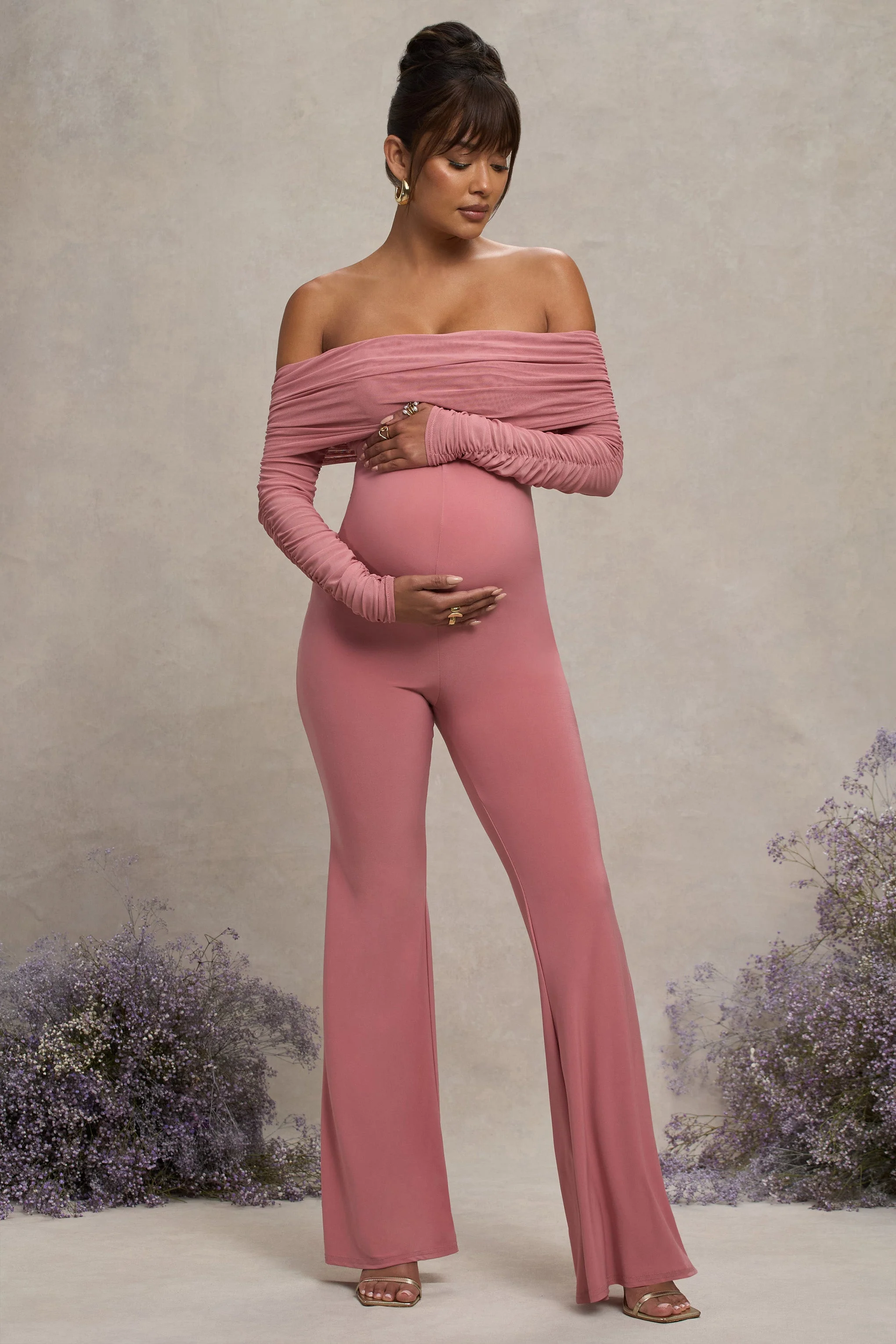 Count Down | Blush Pink Maternity Ruched Mesh Bardot Jumpsuit - Image 5