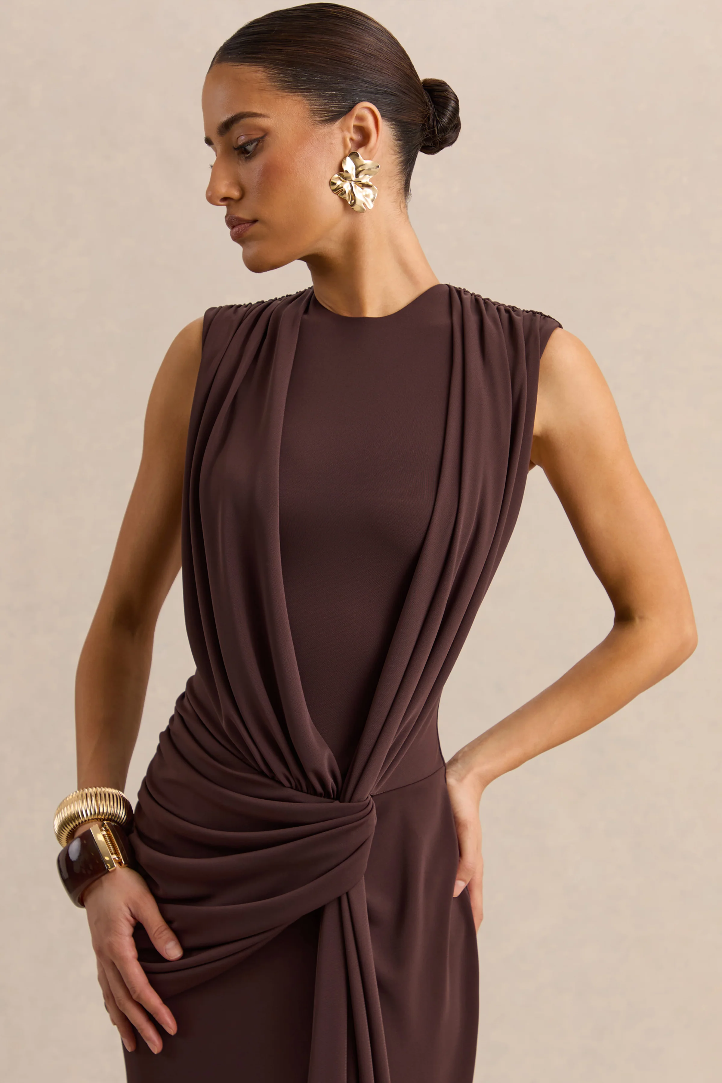 Blythia | Brown Round-Neck Maxi Dress With Gathered-Detailing - Image 3
