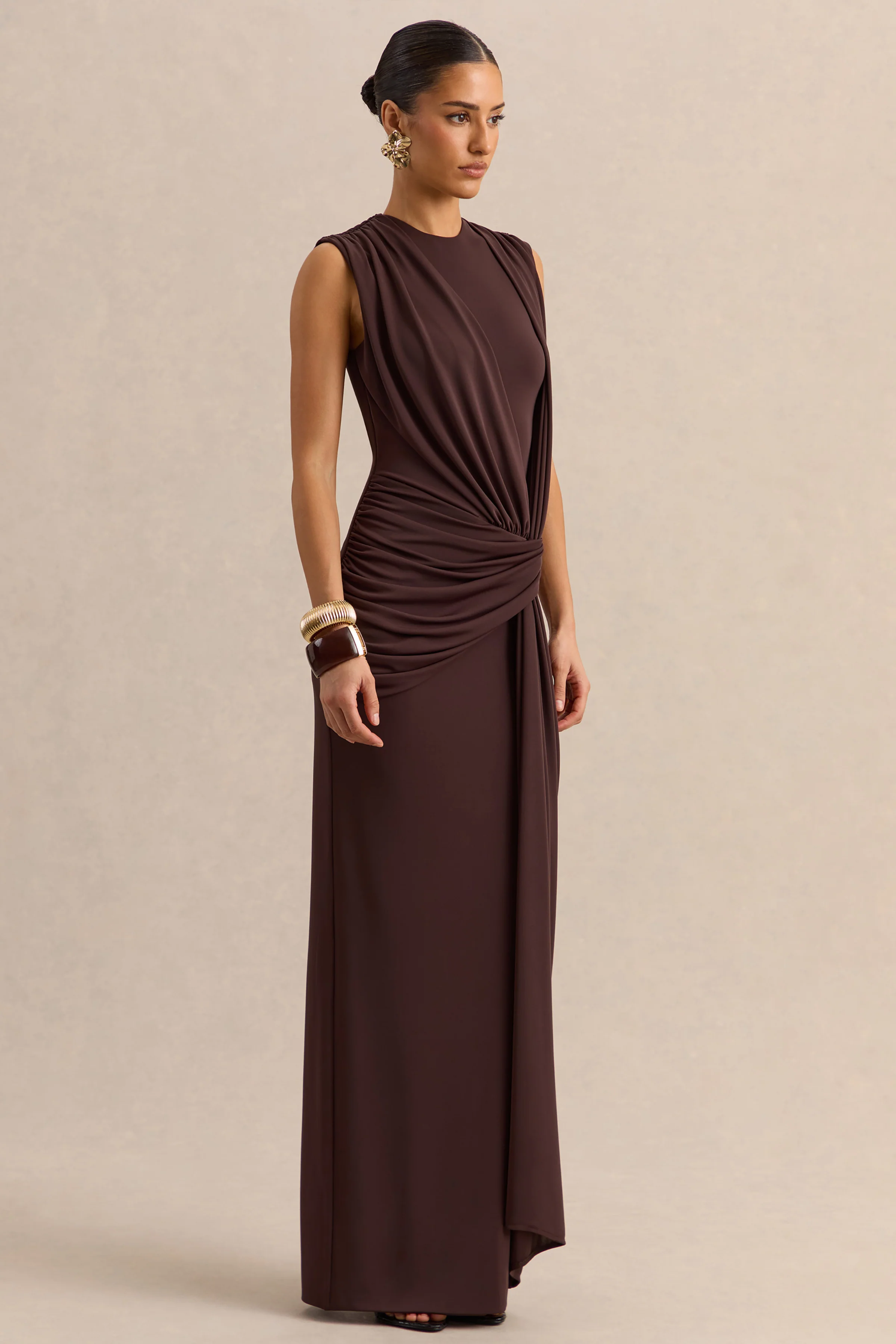 Blythia | Brown Round-Neck Maxi Dress With Gathered-Detailing - Image 4