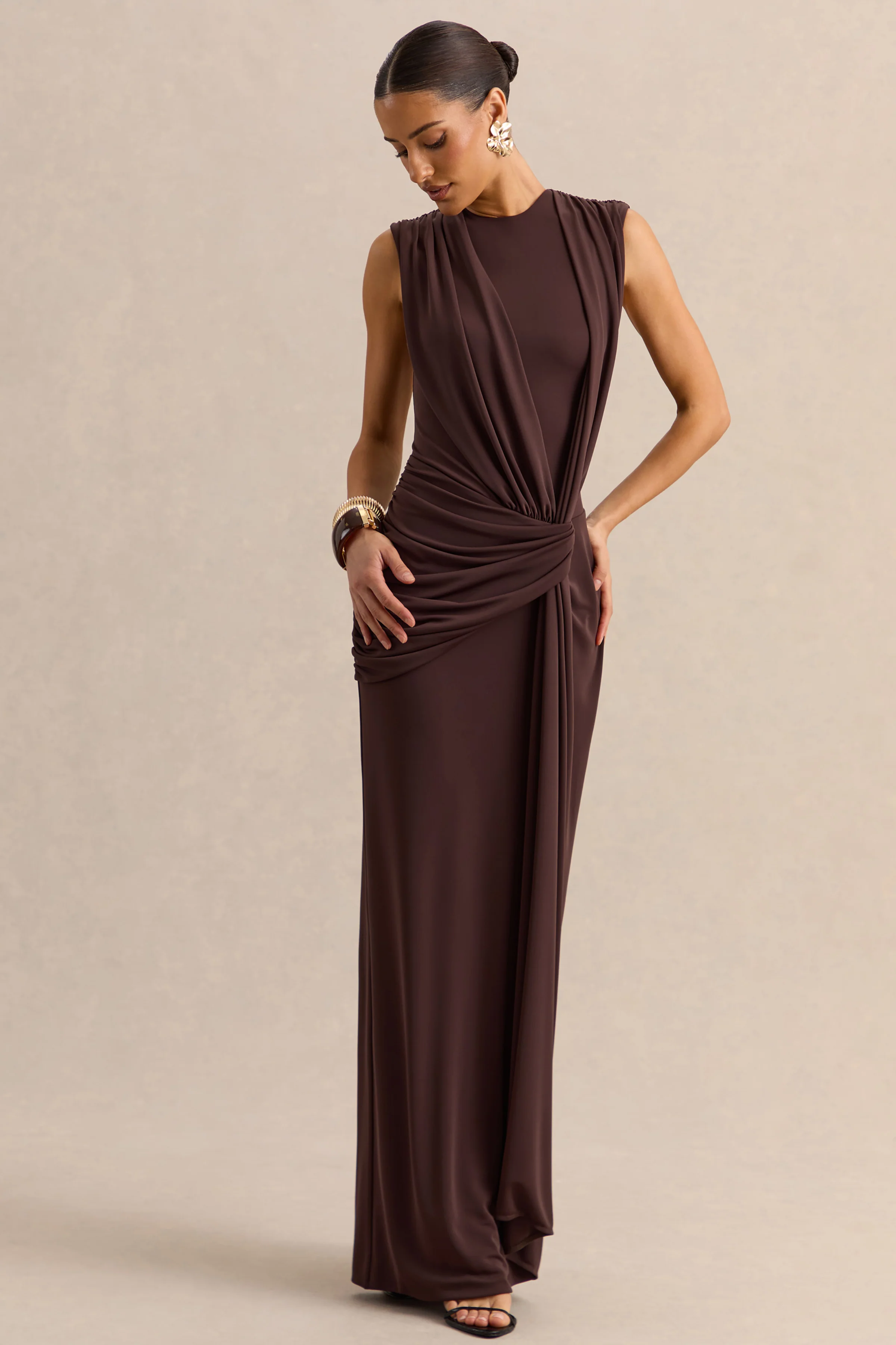 Blythia | Brown Round-Neck Maxi Dress With Gathered-Detailing - Image 5