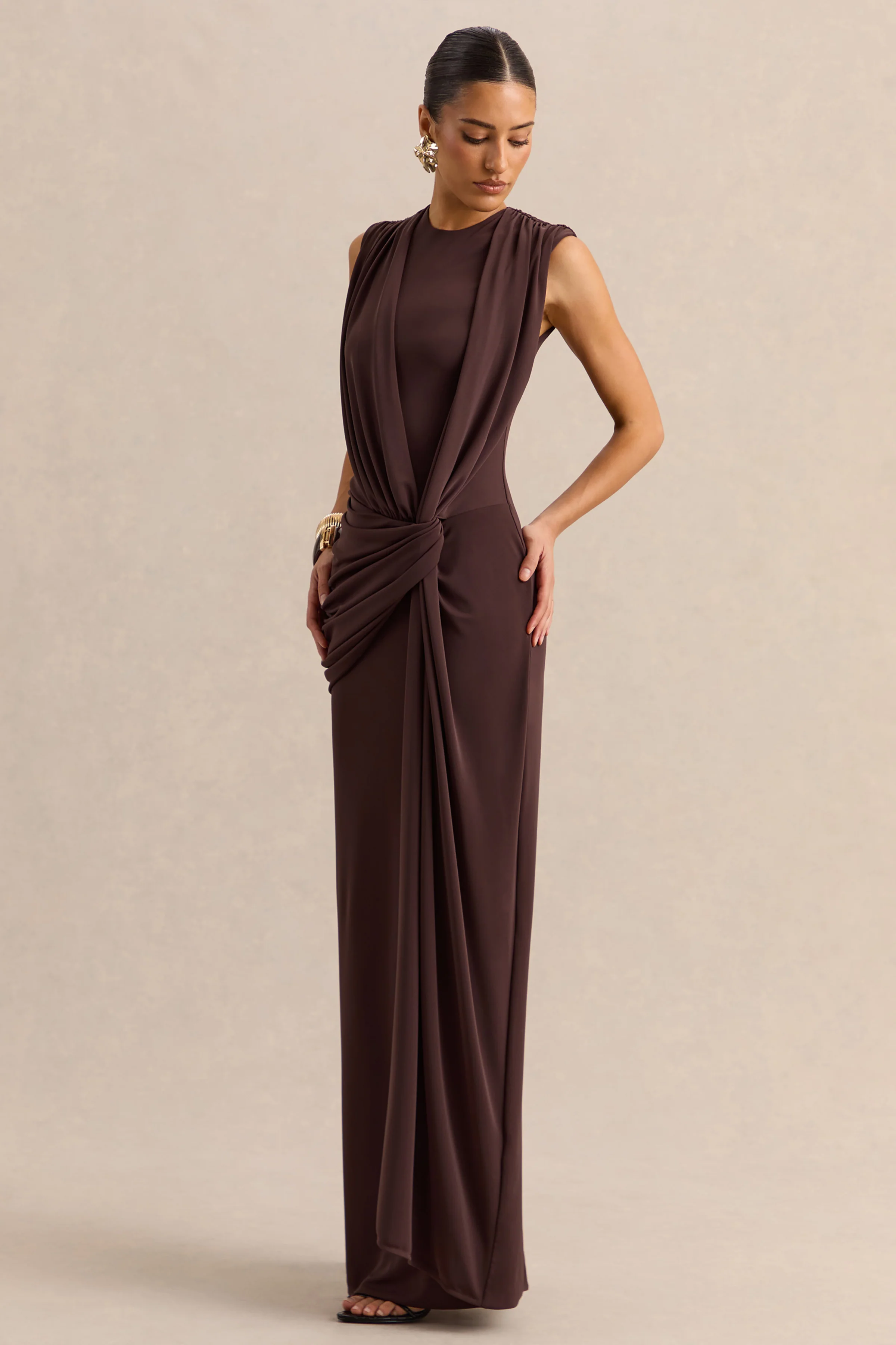 Blythia | Brown Round-Neck Maxi Dress With Gathered-Detailing - Image 6