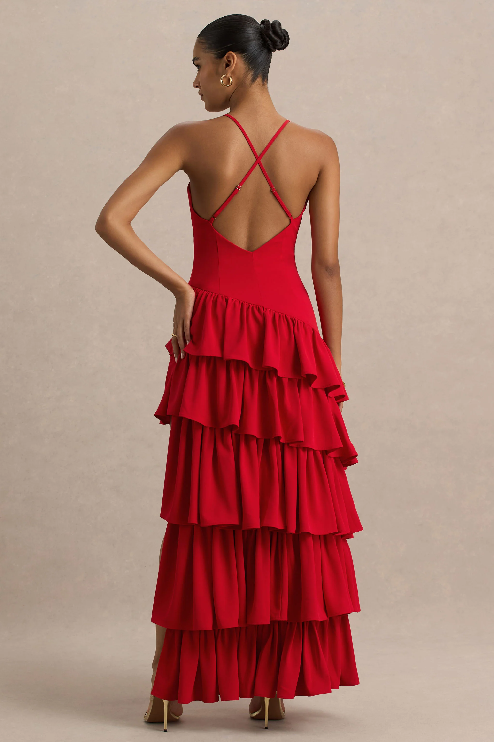 Bogota | Red Plunge-Neck Maxi Dress With Ruffling Details And Front High Split - Image 3