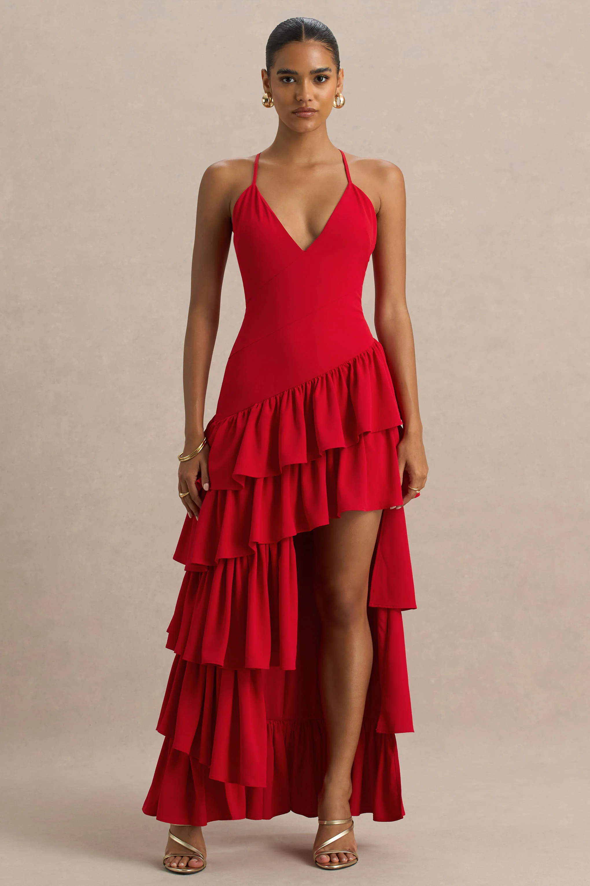 Bogota | Red Plunge-Neck Maxi Dress With Ruffling Details And Front High Split - Image 6