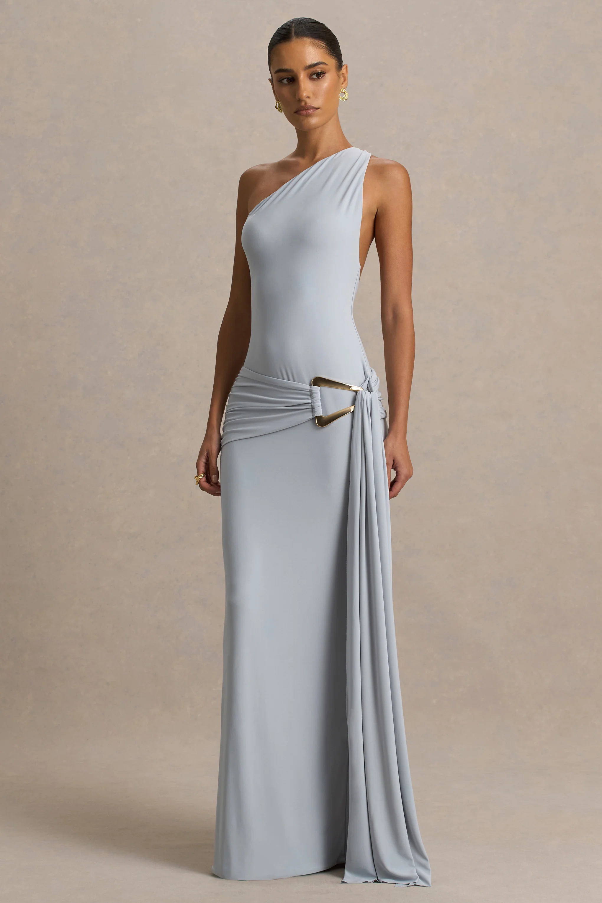 Bonnie | Blue Asymmetric-Neck Maxi Dress With Open-Back - Image 3