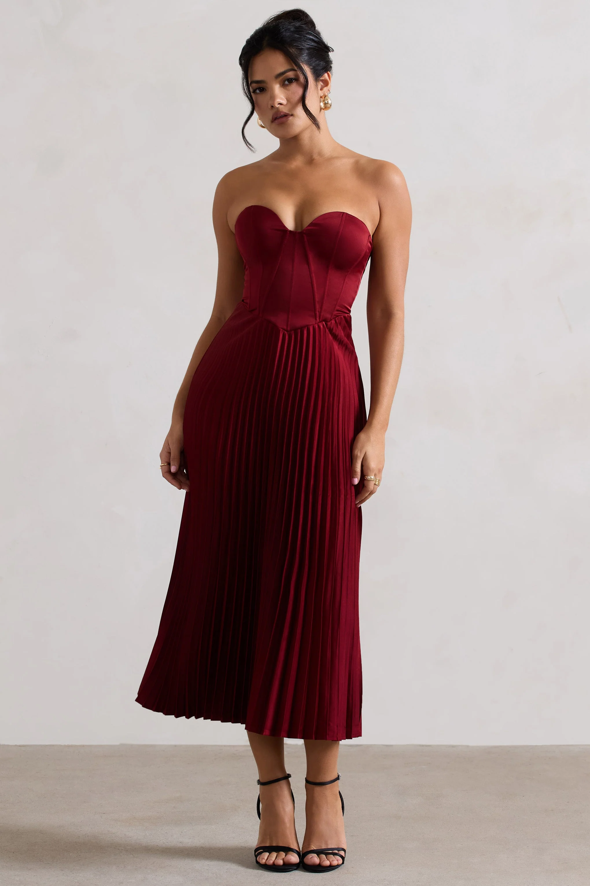 Bordeaux | Berry Satin Corset Style Midi Dress - Image 4