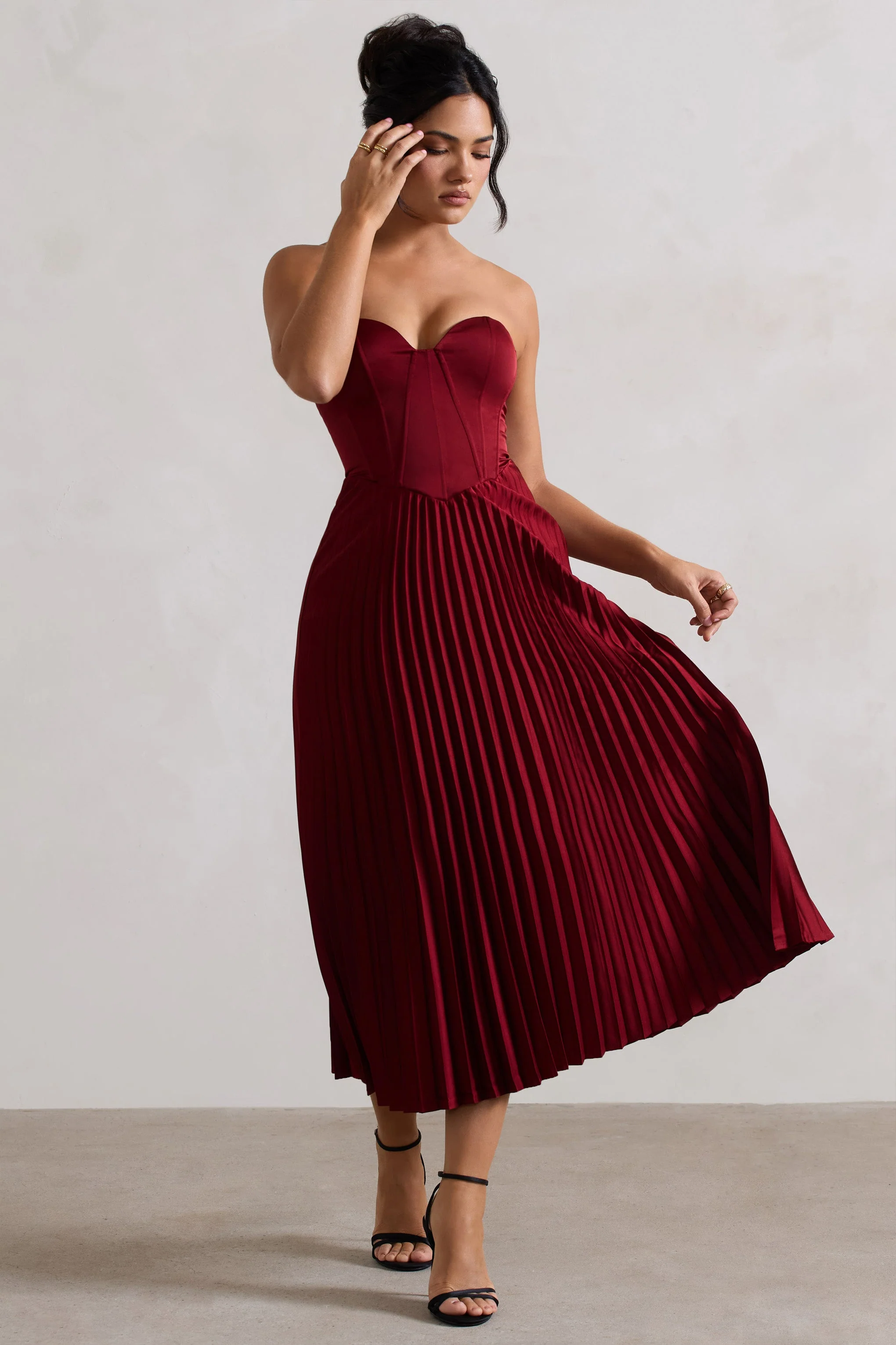 Bordeaux | Berry Satin Corset Style Midi Dress - Image 5