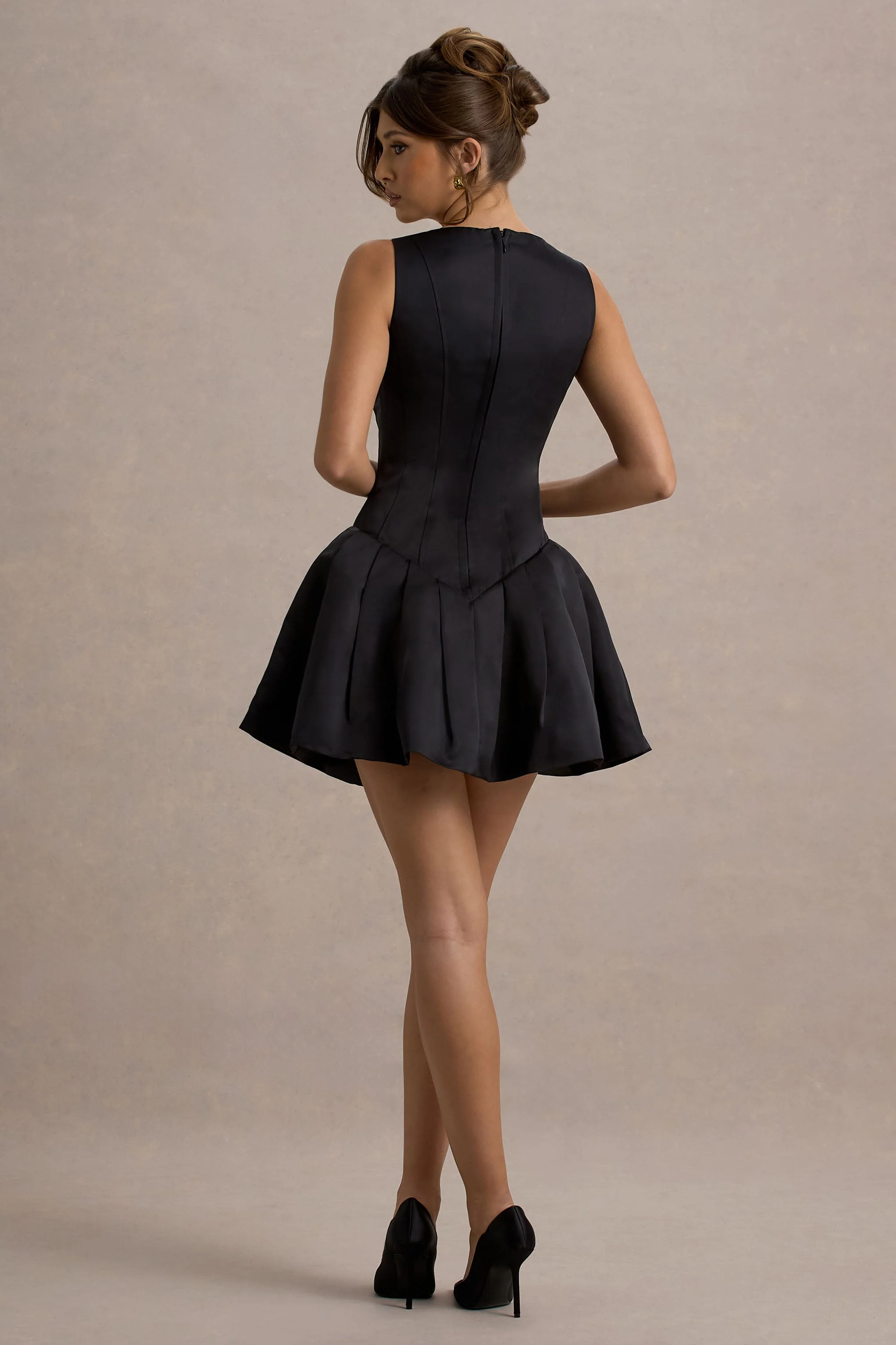 Bramble | Black Satin Square-Neck Puffball Mini Dress - Image 2