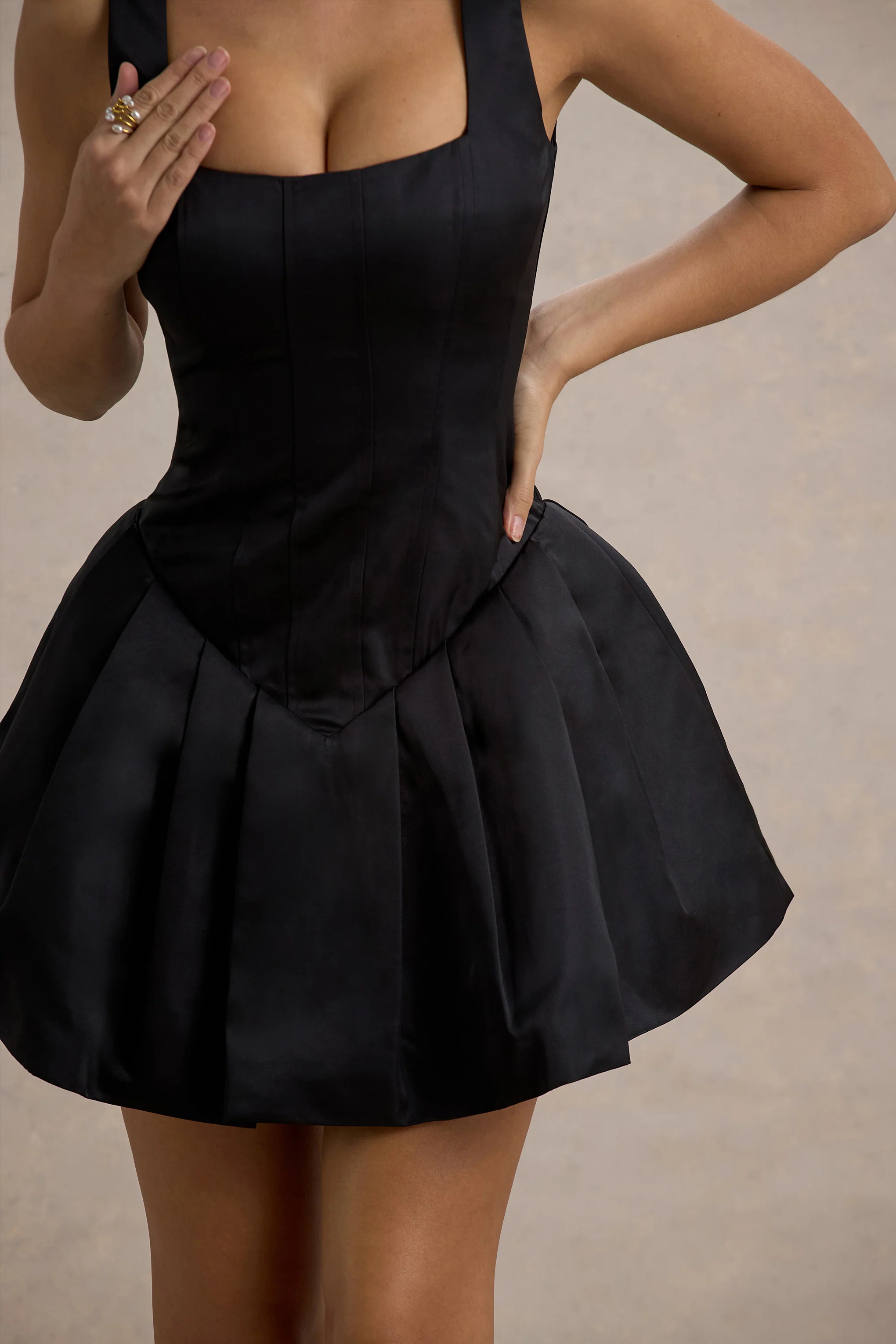 Bramble | Black Satin Square-Neck Puffball Mini Dress - Image 6