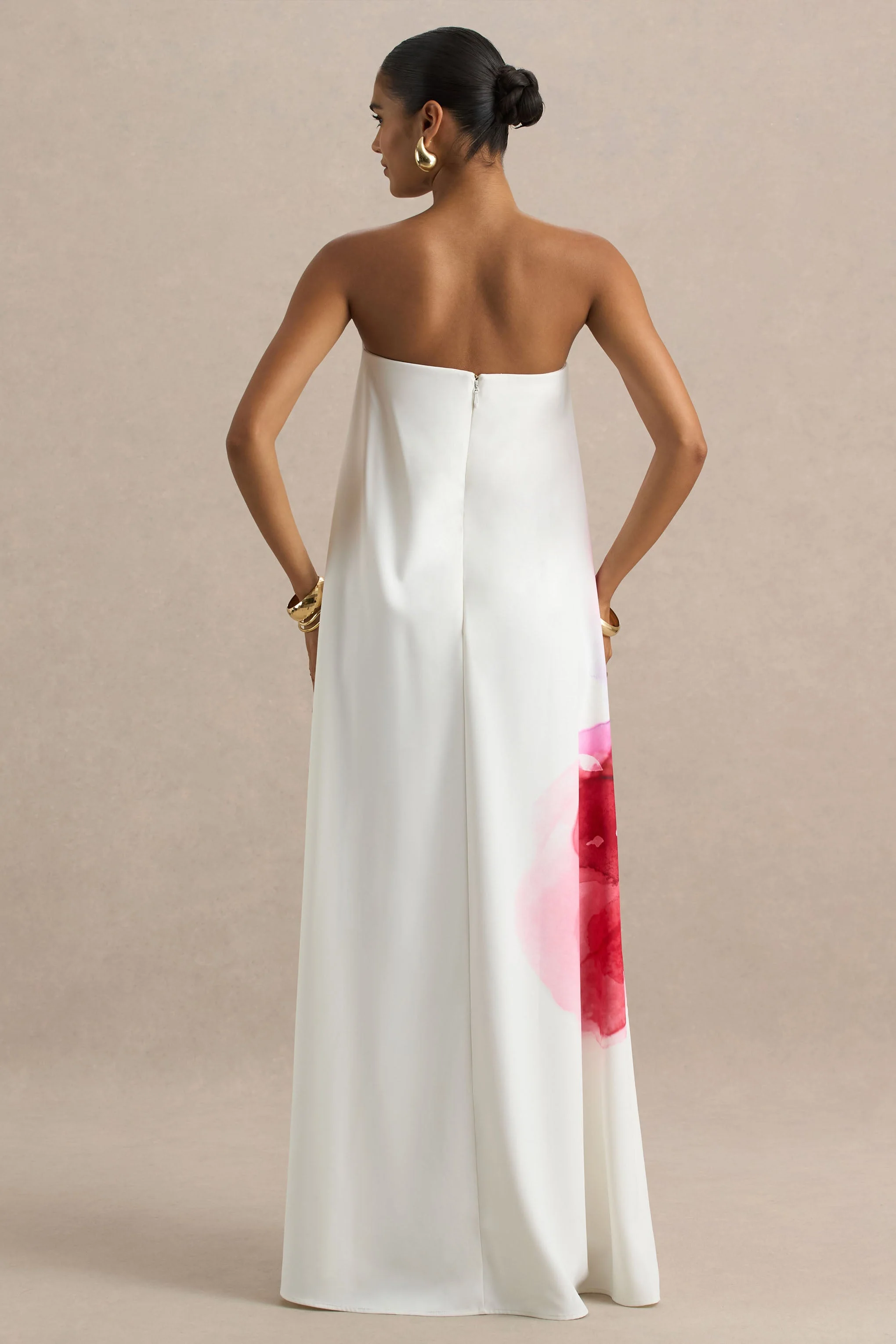 Breonna | Bright Pink Floral Placement Print Bandeau Maxi Dress - Image 3