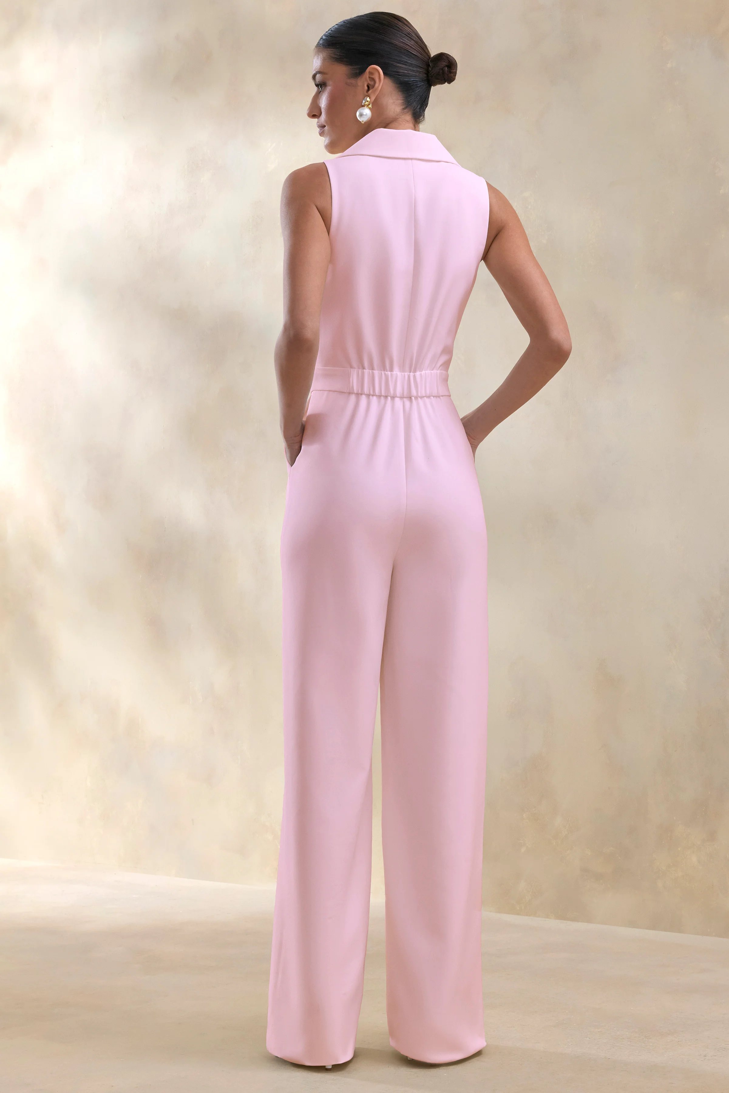 Brillora | Light Pink Plunge-Neck Tailored Jumpsuit - Image 2