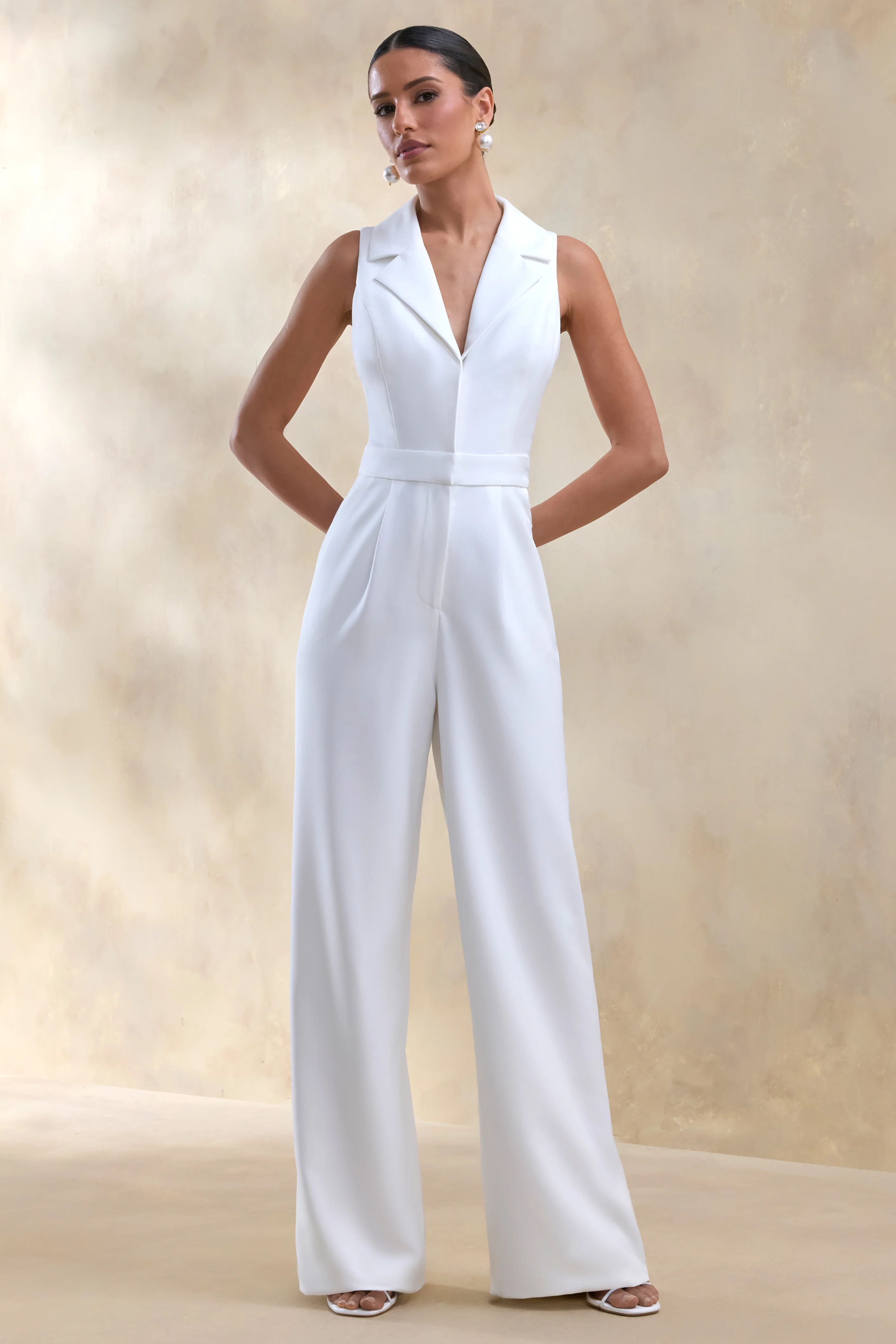 Brillora | White Plunge-Neck Tailored Jumpsuit