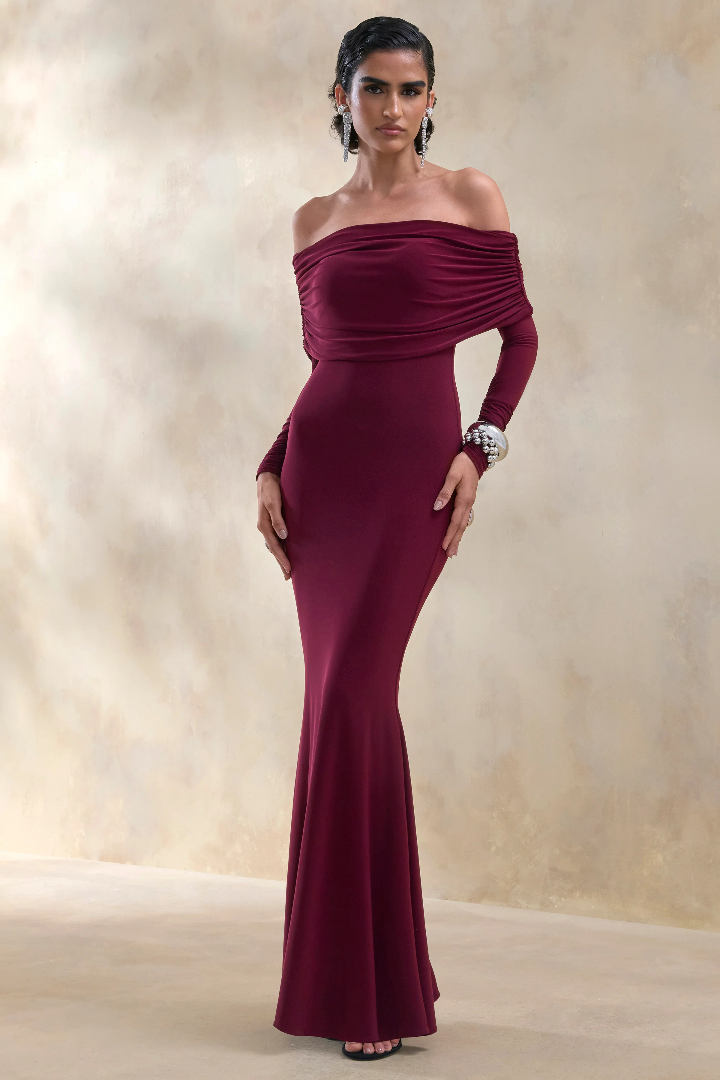 Brisea | Burgundy Bardot-Neck Maxi Dress