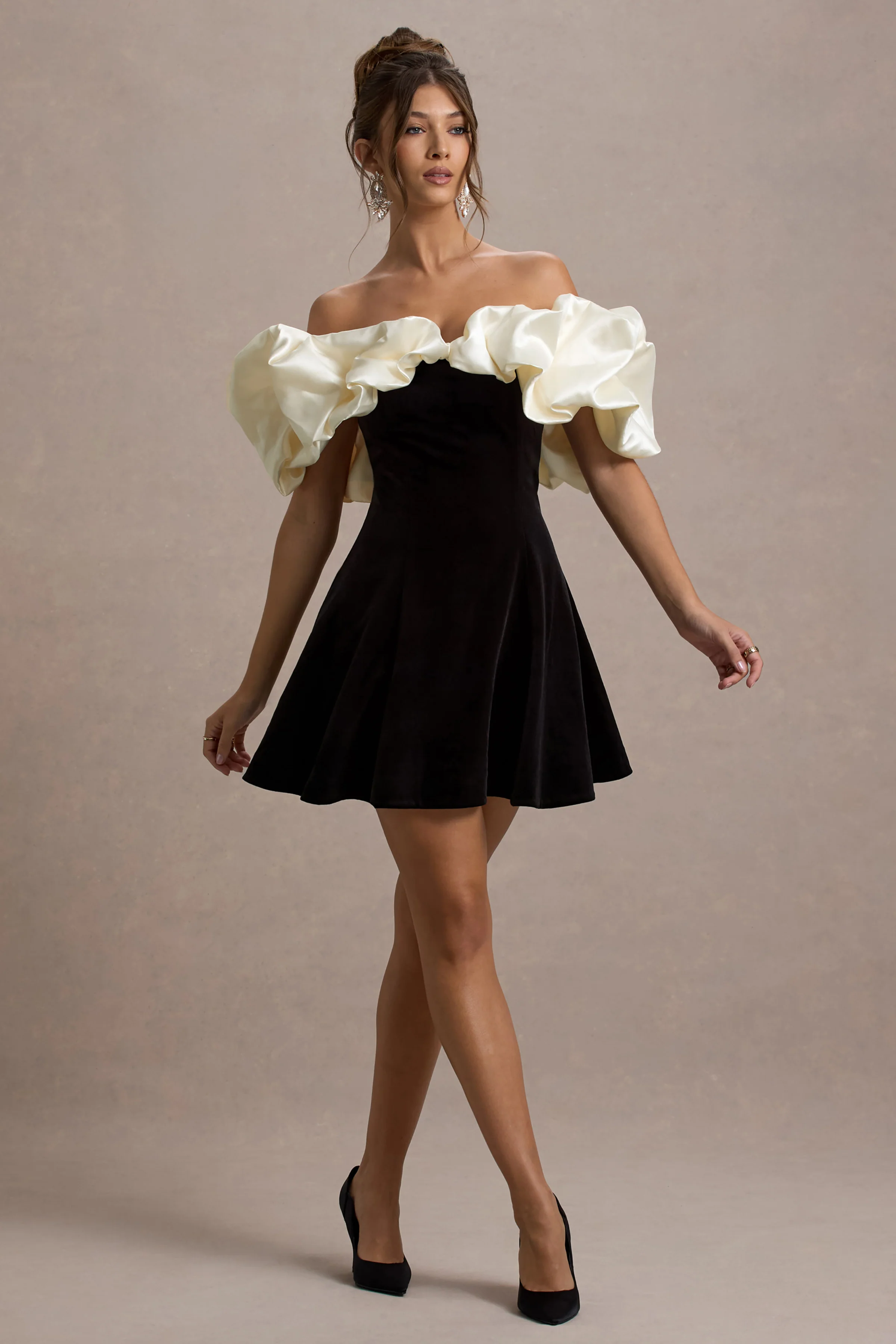 Brynne | Black & Cream Velvet Mini Dress With Satin Puff Sleeves - Image 4