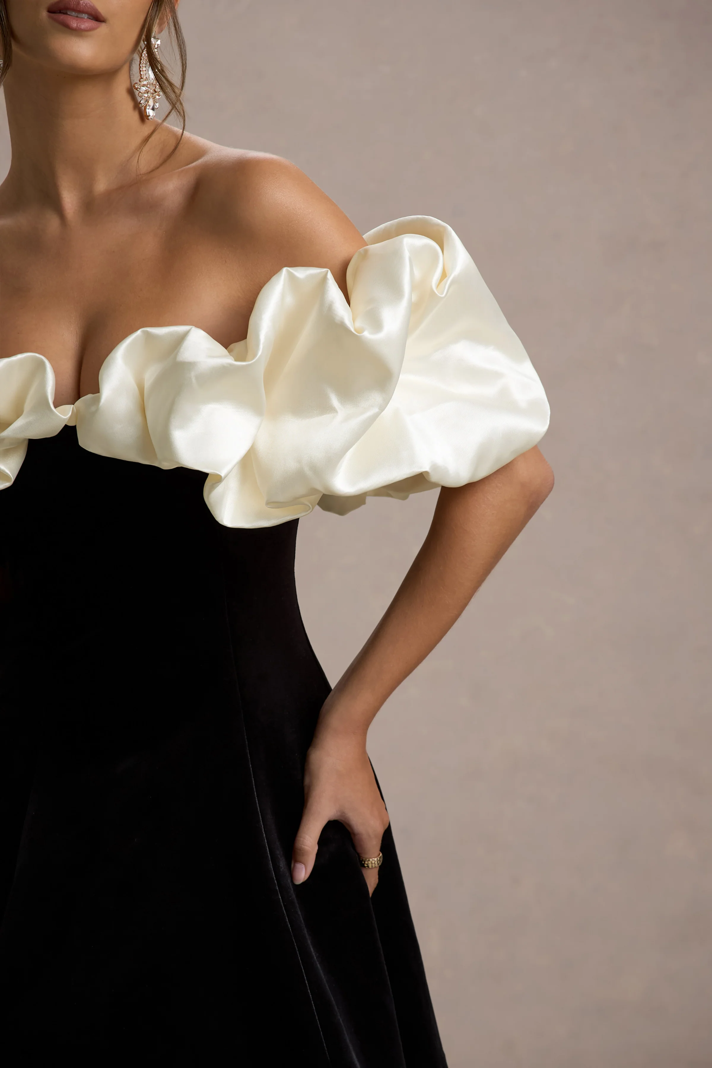 Brynne | Black & Cream Velvet Mini Dress With Satin Puff Sleeves - Image 7