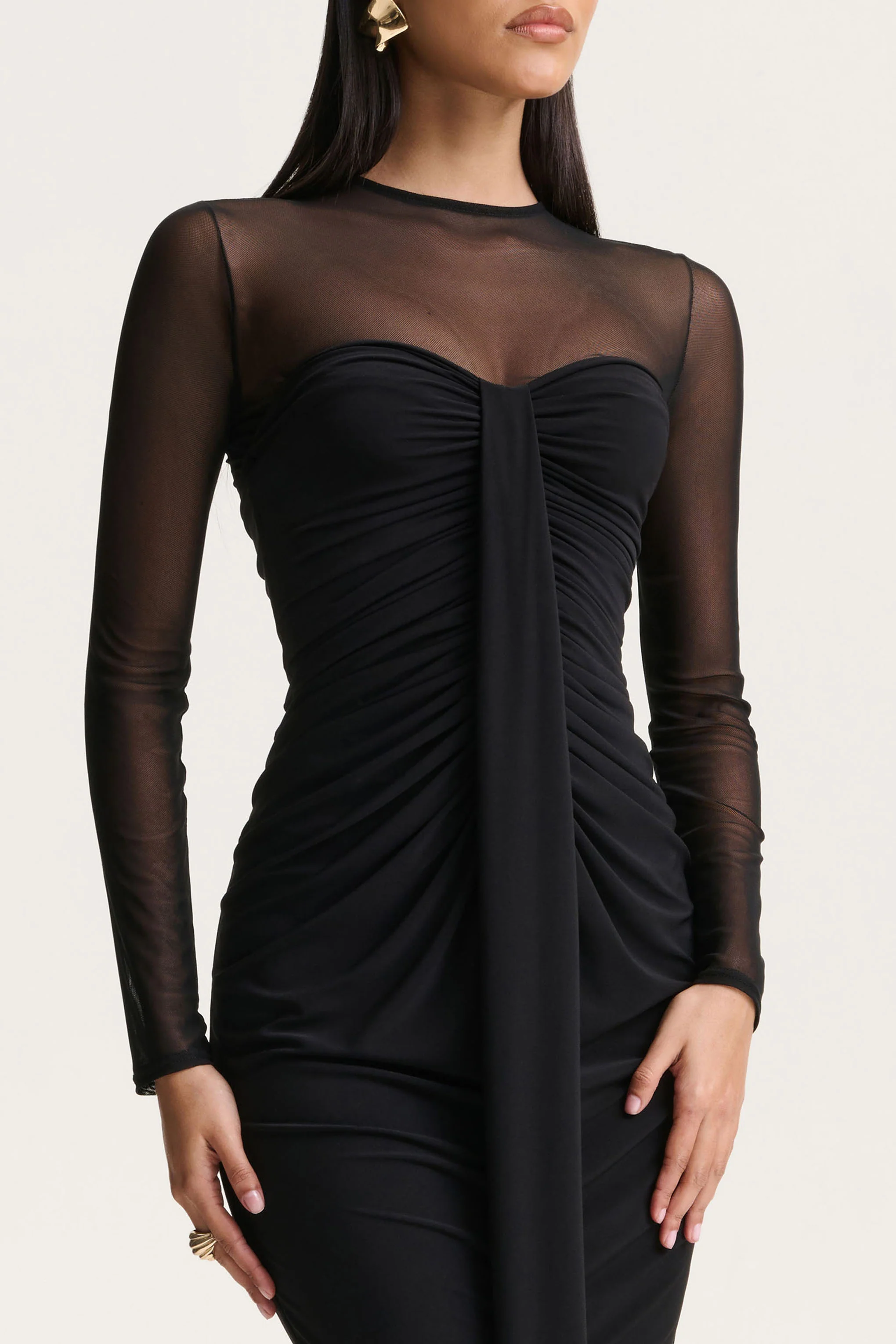 Cadenza | Black Crew-Neck Maxi Dress With Mesh And Gathered-Detailing - Image 2