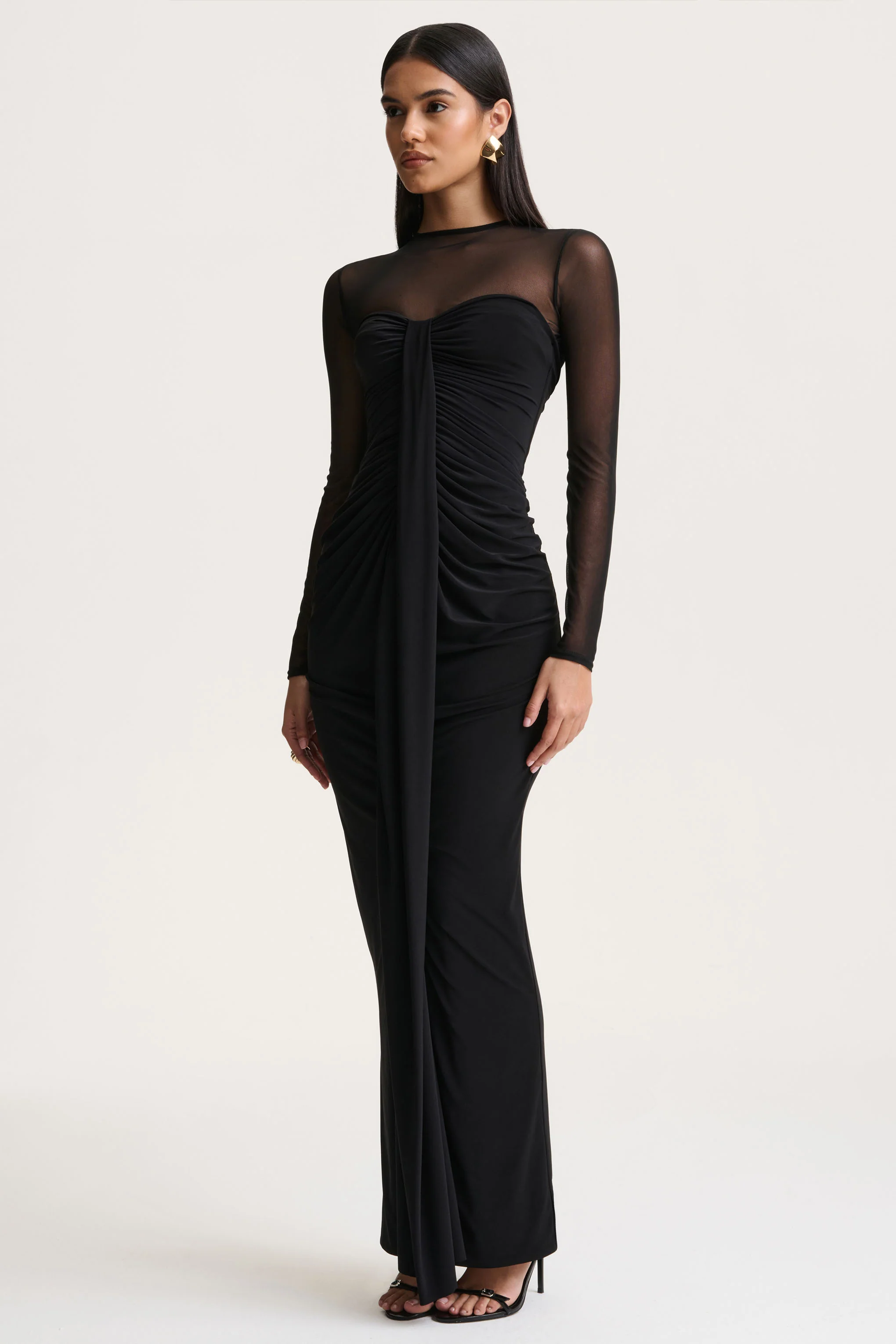 Cadenza | Black Crew-Neck Maxi Dress With Mesh And Gathered-Detailing - Image 3