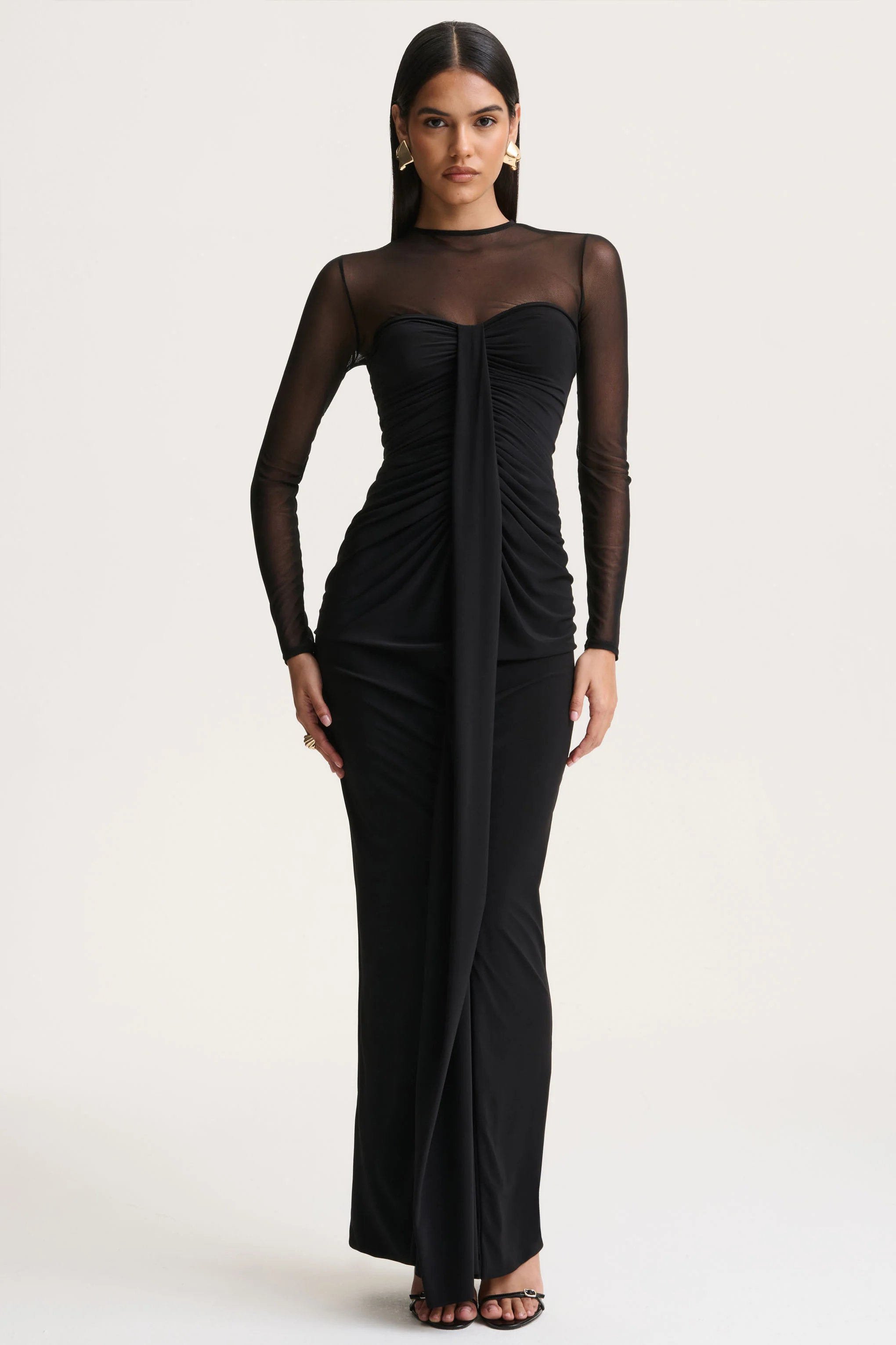 Cadenza | Black Crew-Neck Maxi Dress With Mesh And Gathered-Detailing - Image 4