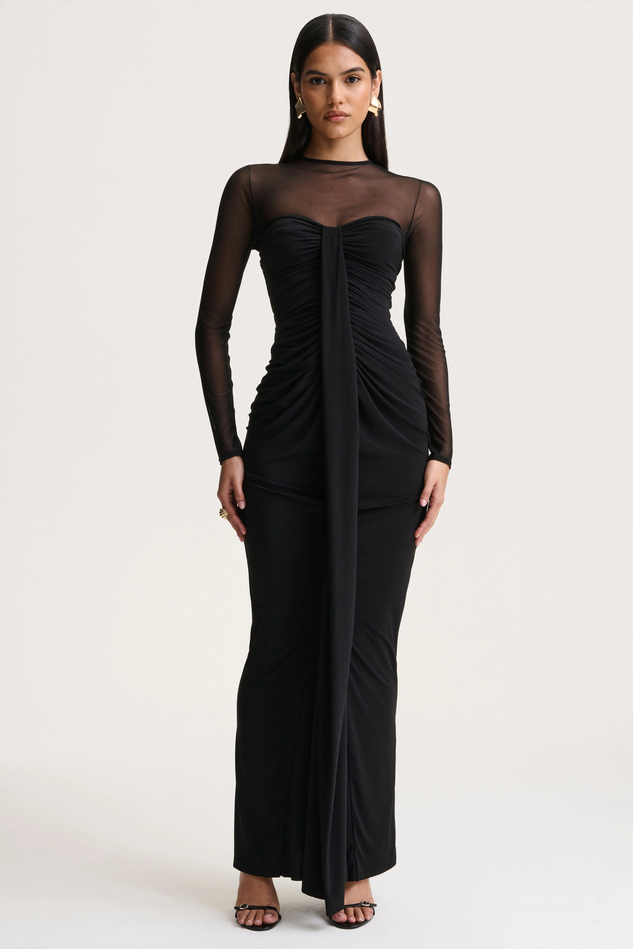Cadenza | Black Crew-Neck Maxi Dress With Mesh And Gathered-Detailing - Image 5