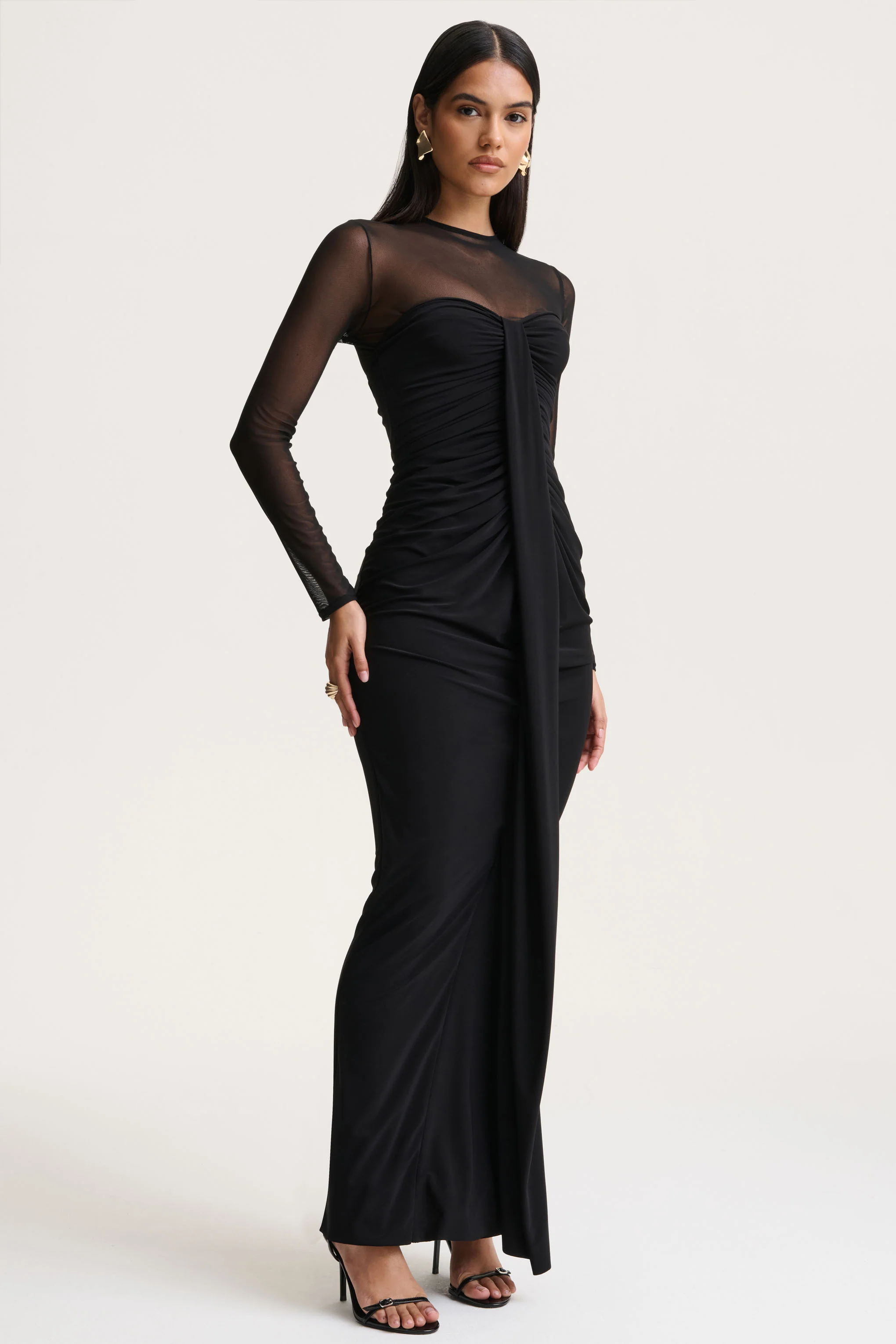 Cadenza | Black Crew-Neck Maxi Dress With Mesh And Gathered-Detailing - Image 6