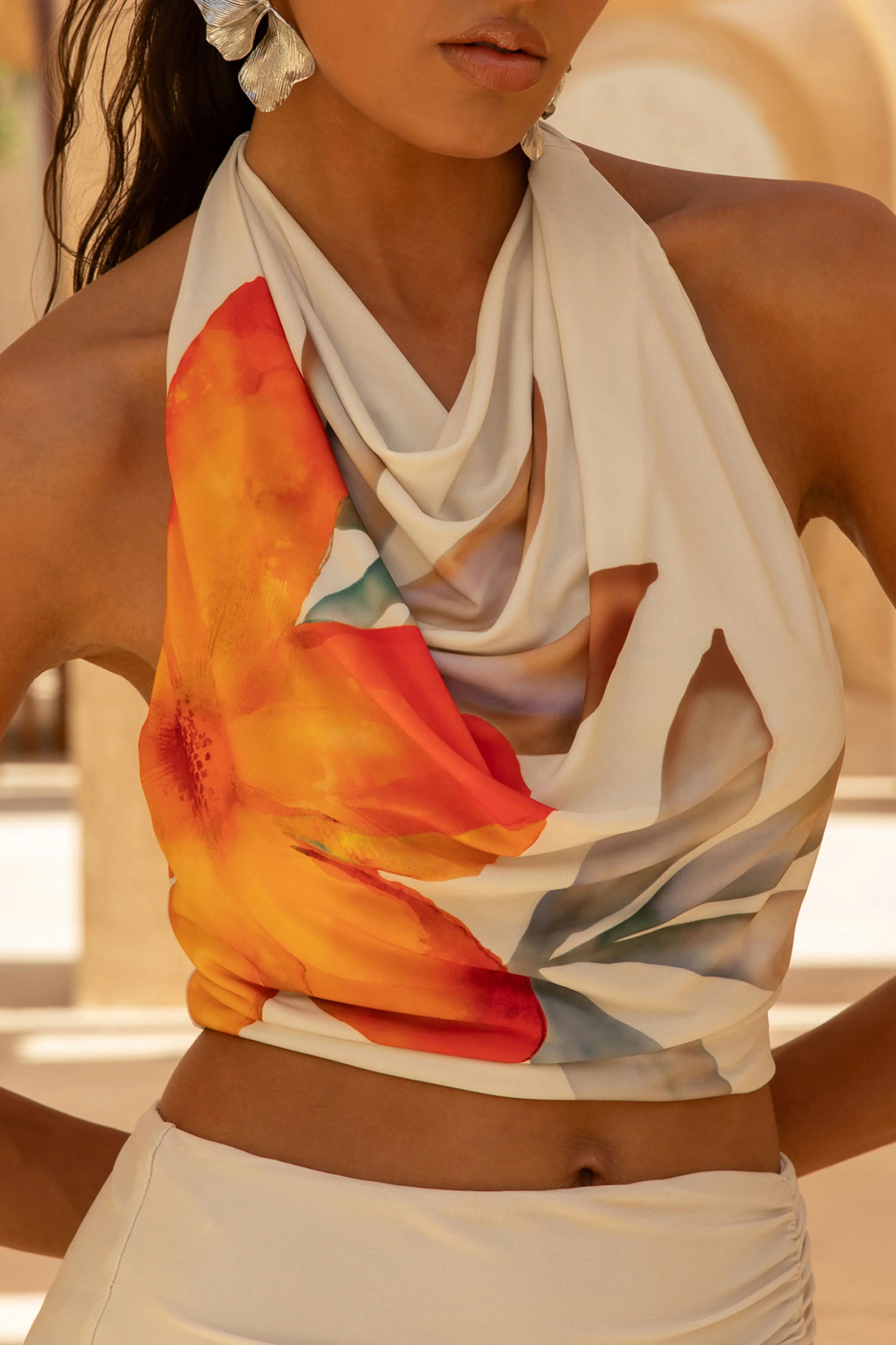Calla | Orange Floral Print High-Neck Crop-Top - Image 6